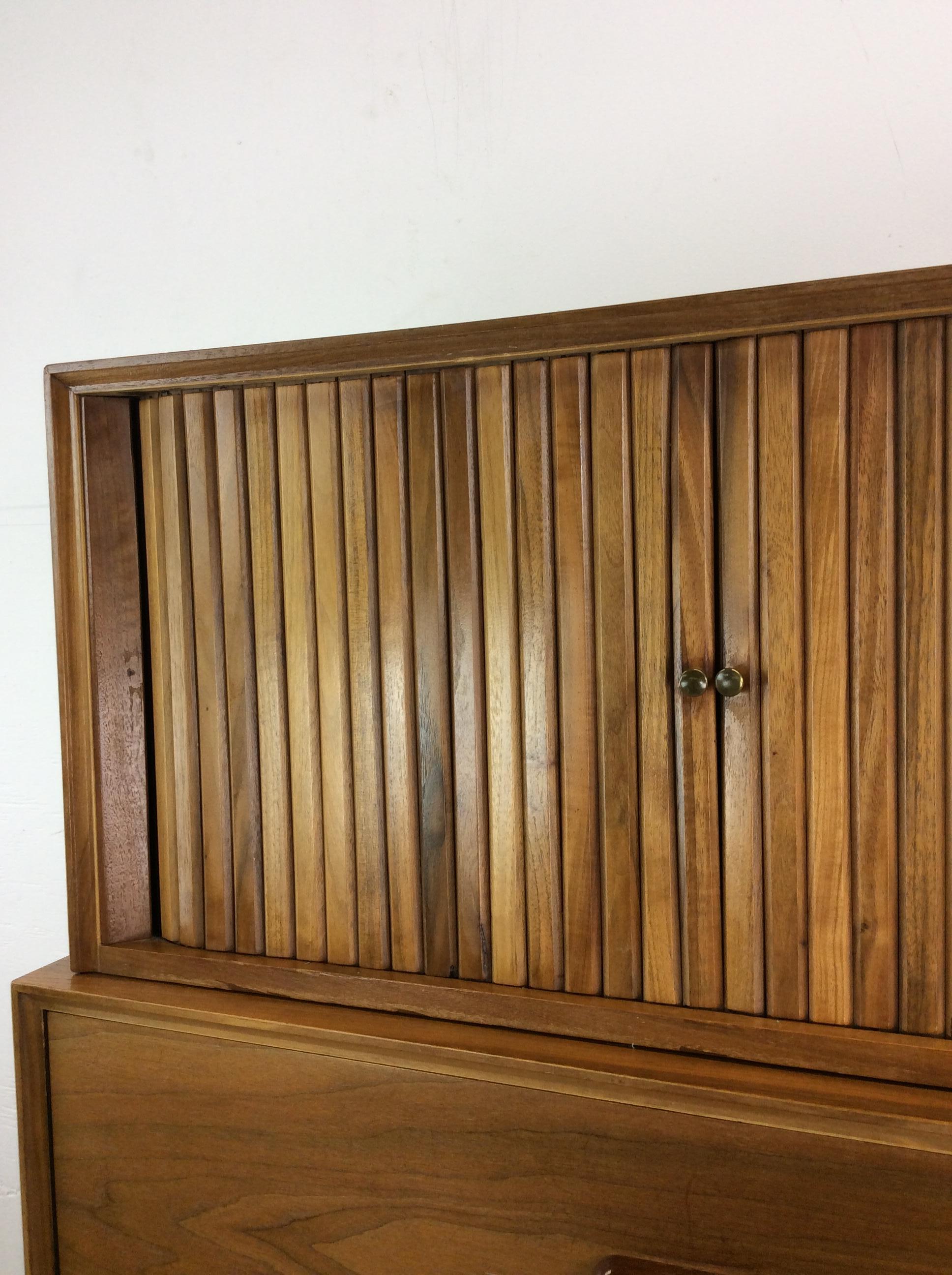 Mid Century Modern Highboy Dresser with 2pc Design & Tambour Door In Good Condition For Sale In Freehold, NJ