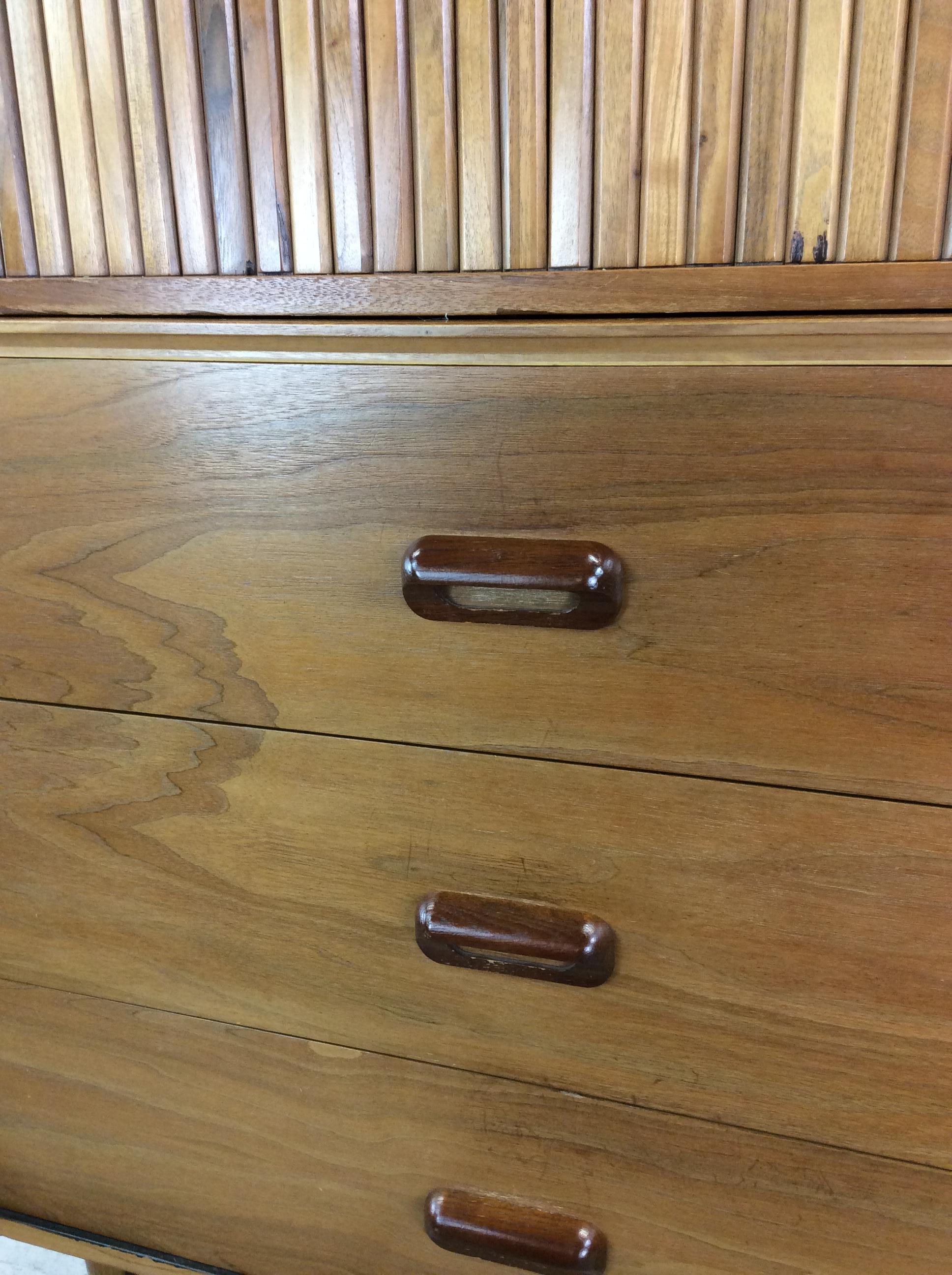 20th Century Mid Century Modern Highboy Dresser with 2pc Design & Tambour Door For Sale