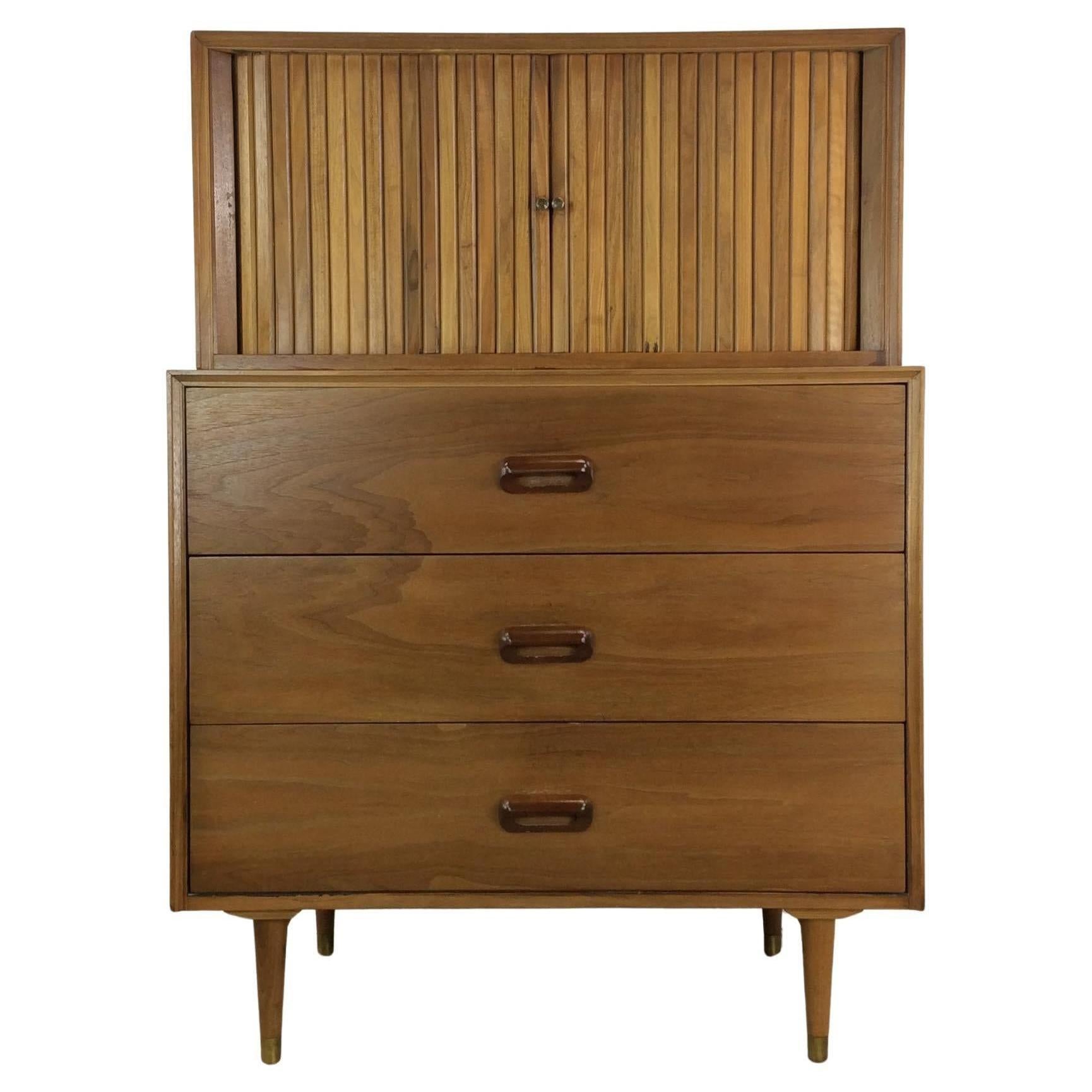 Mid Century Modern Highboy Dresser with 2pc Design & Tambour Door For Sale