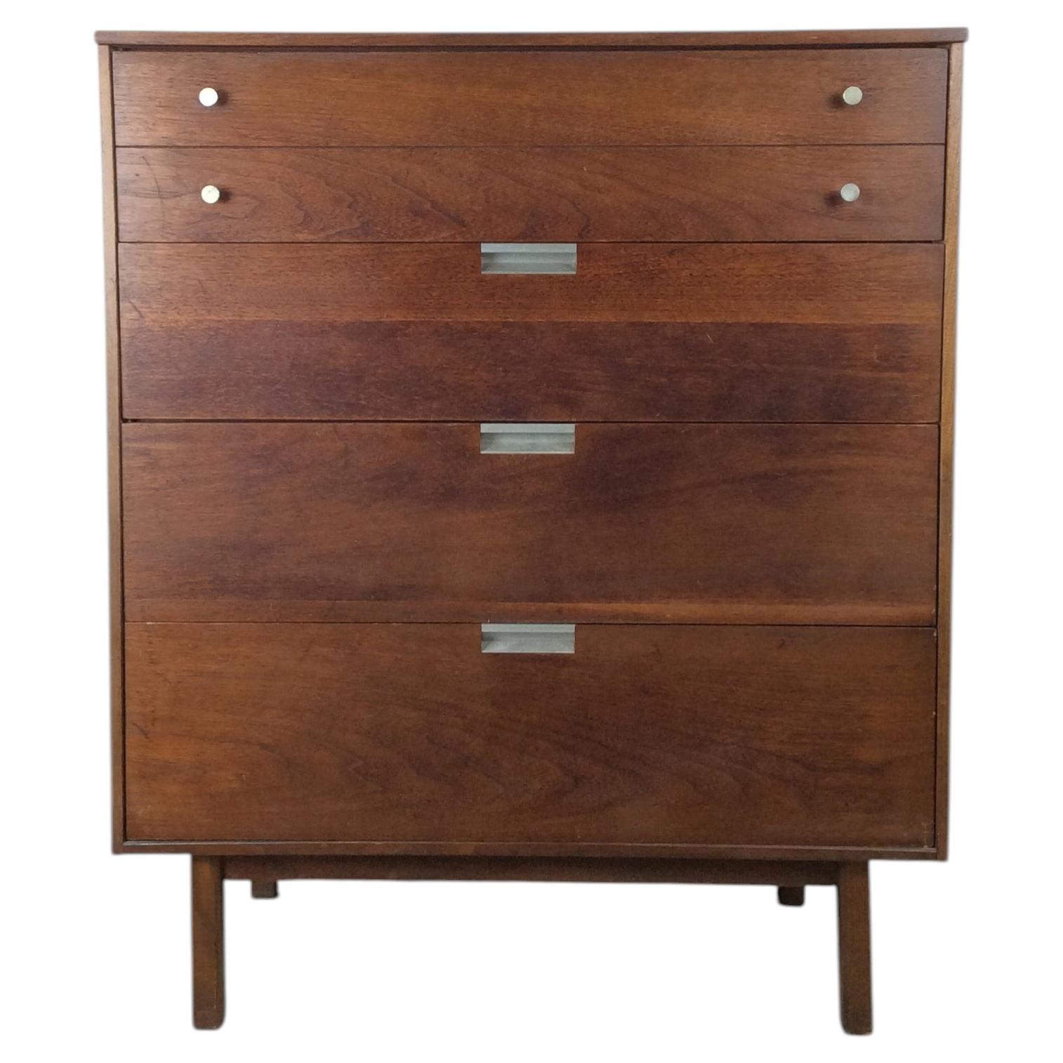Mid Century Modern Highboy Dresser with 4 Drawers & Chrome Hardware