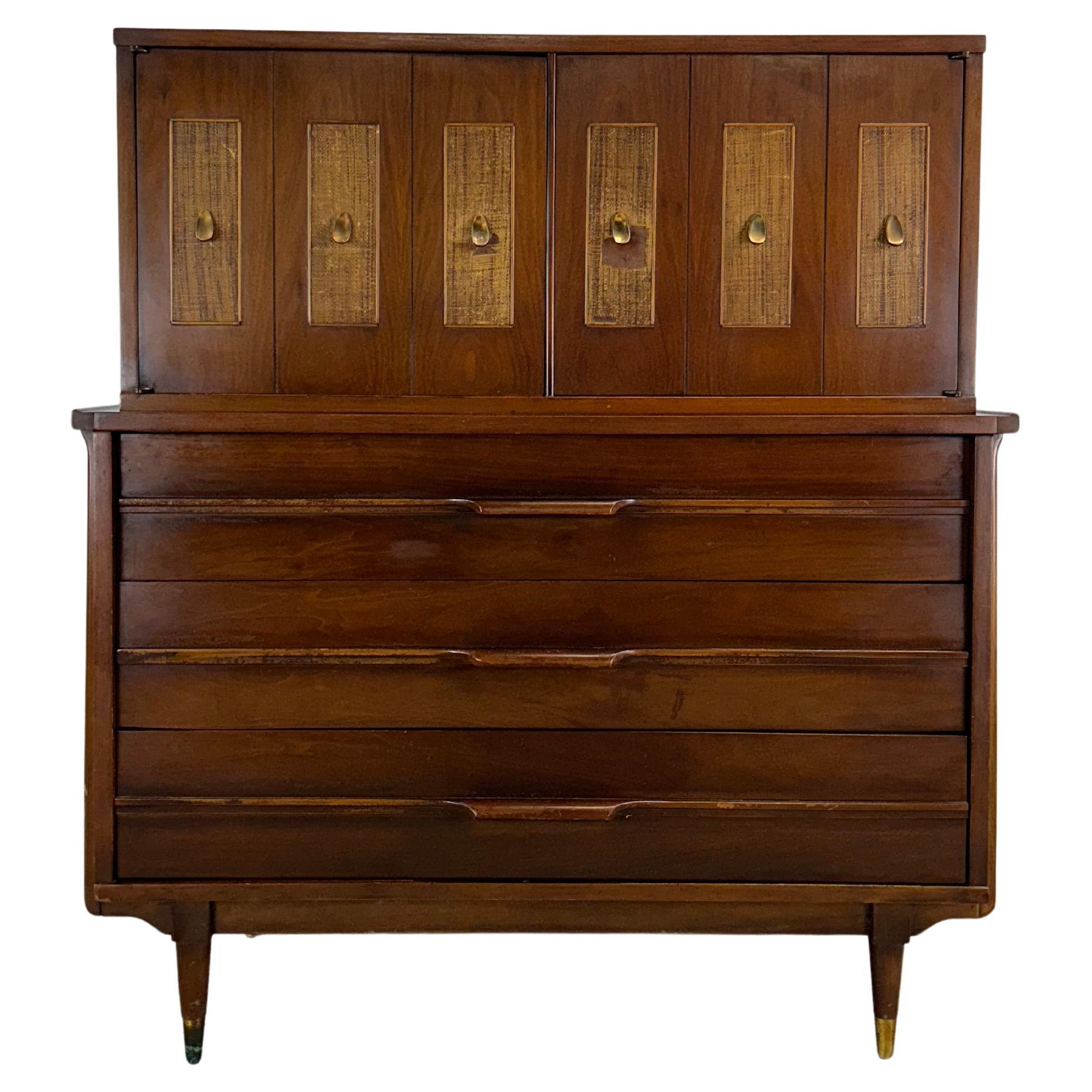 Mid Century Modern Highboy Dresser with Caned Front