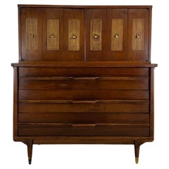 Mid Century Modern Highboy Dresser with Caned Front