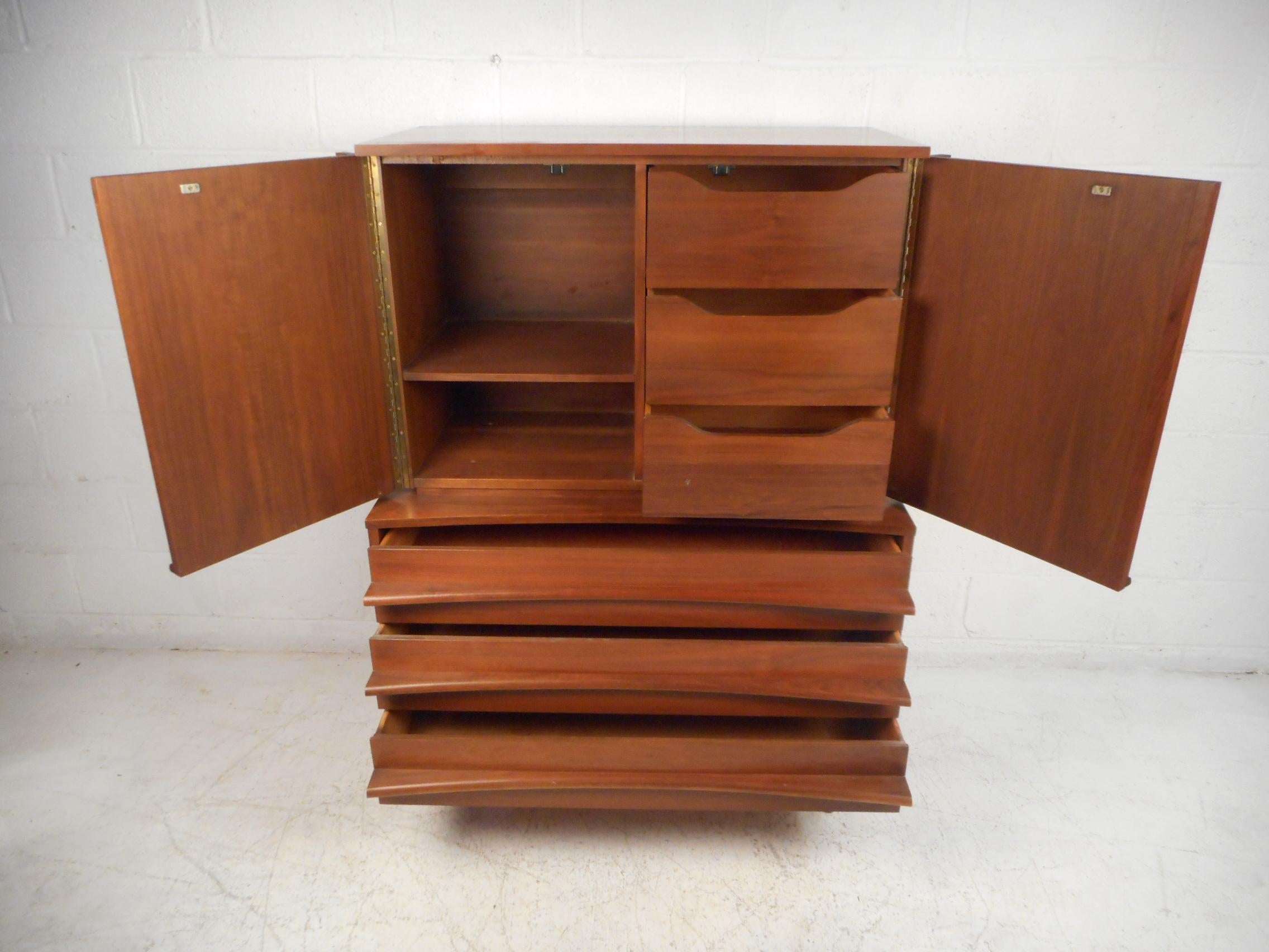 American Mid-Century Modern Highboy Dresser with Curved Drawer-Fronts