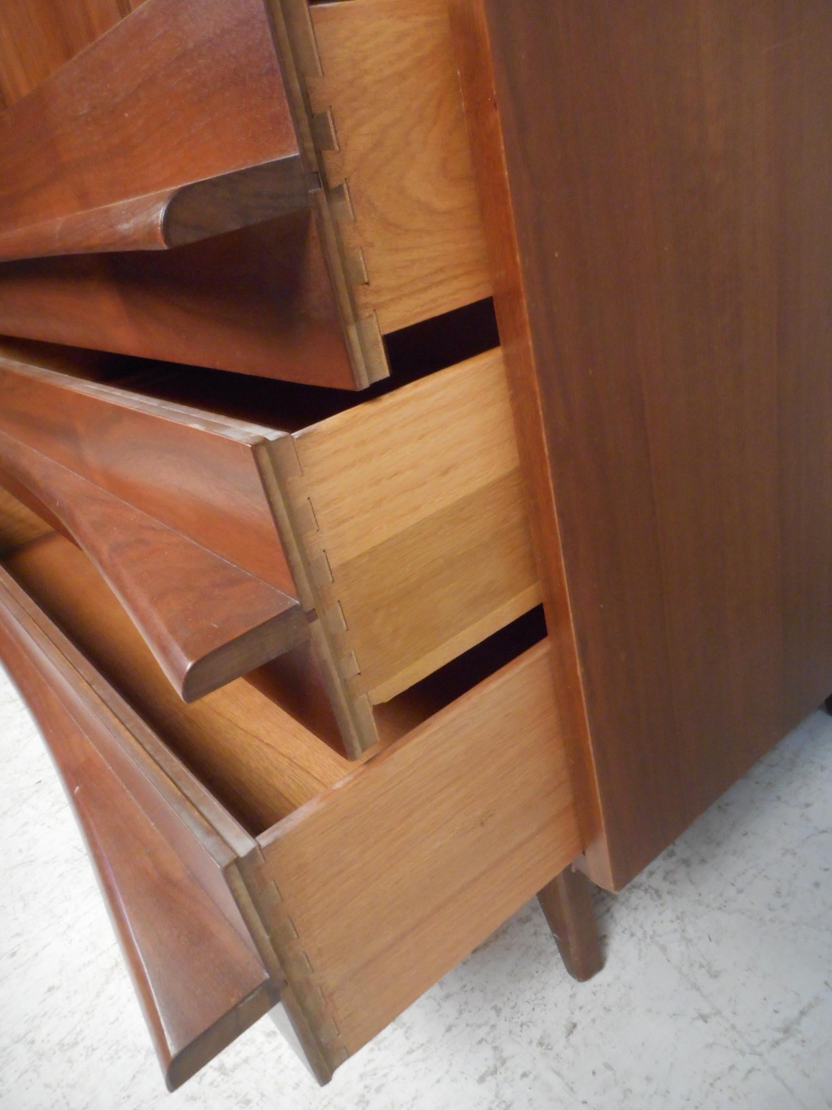 Walnut Mid-Century Modern Highboy Dresser with Curved Drawer-Fronts
