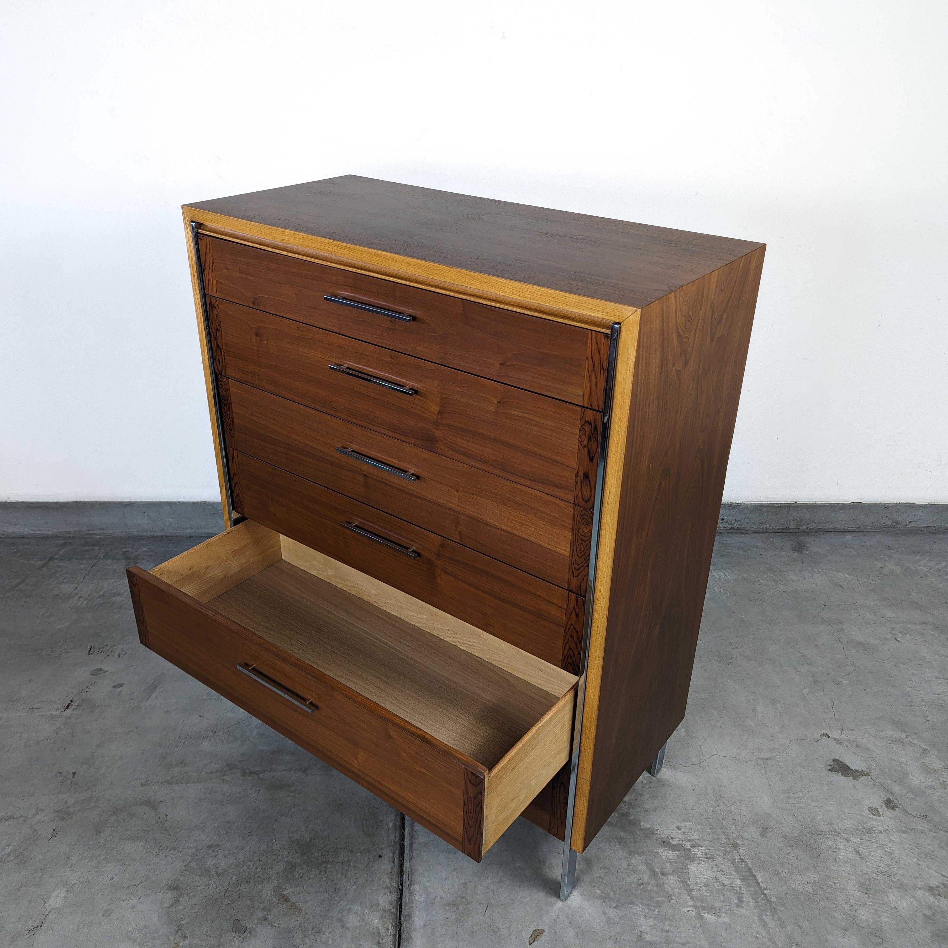 Chrome Mid Century Modern Highboy Walnut & Oak Dresser by Lane Furniture, c1960s