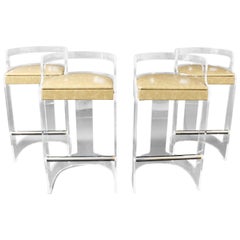 Mid-Century Modern Hill Set of Four Lucite Chrome Beige Leather Bar Stools