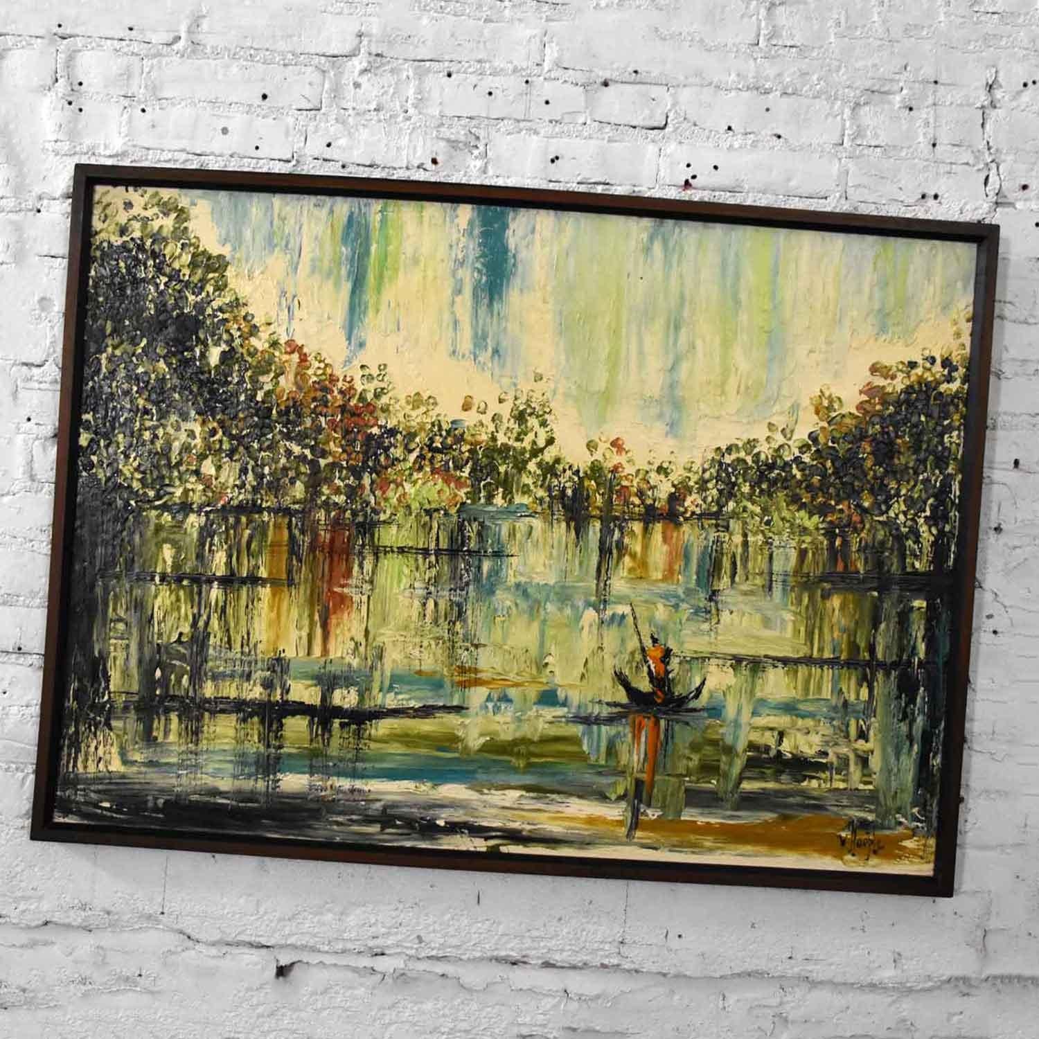 Fabulous Mid-Century Modern Hillside original Landscape or Waterscape impasto oil painting by Van Hoople. In gorgeous original vintage condition. It may need cleaning to brighten the colors, but we leave that to the buyer. The frame has normal wear