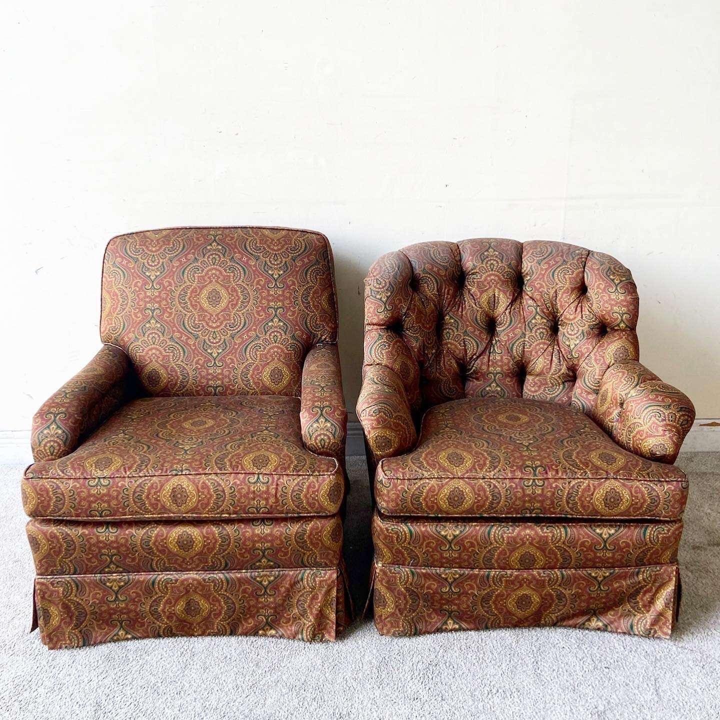 Amazing vintage mid century modern pair of his and hers lounge chairs. Each feature a wonderful multicolored fabric. One of the chairs displays a tufted back rest.

Other chair measures 29”W, 35”D, 33”H

Seat height is 17.5 in