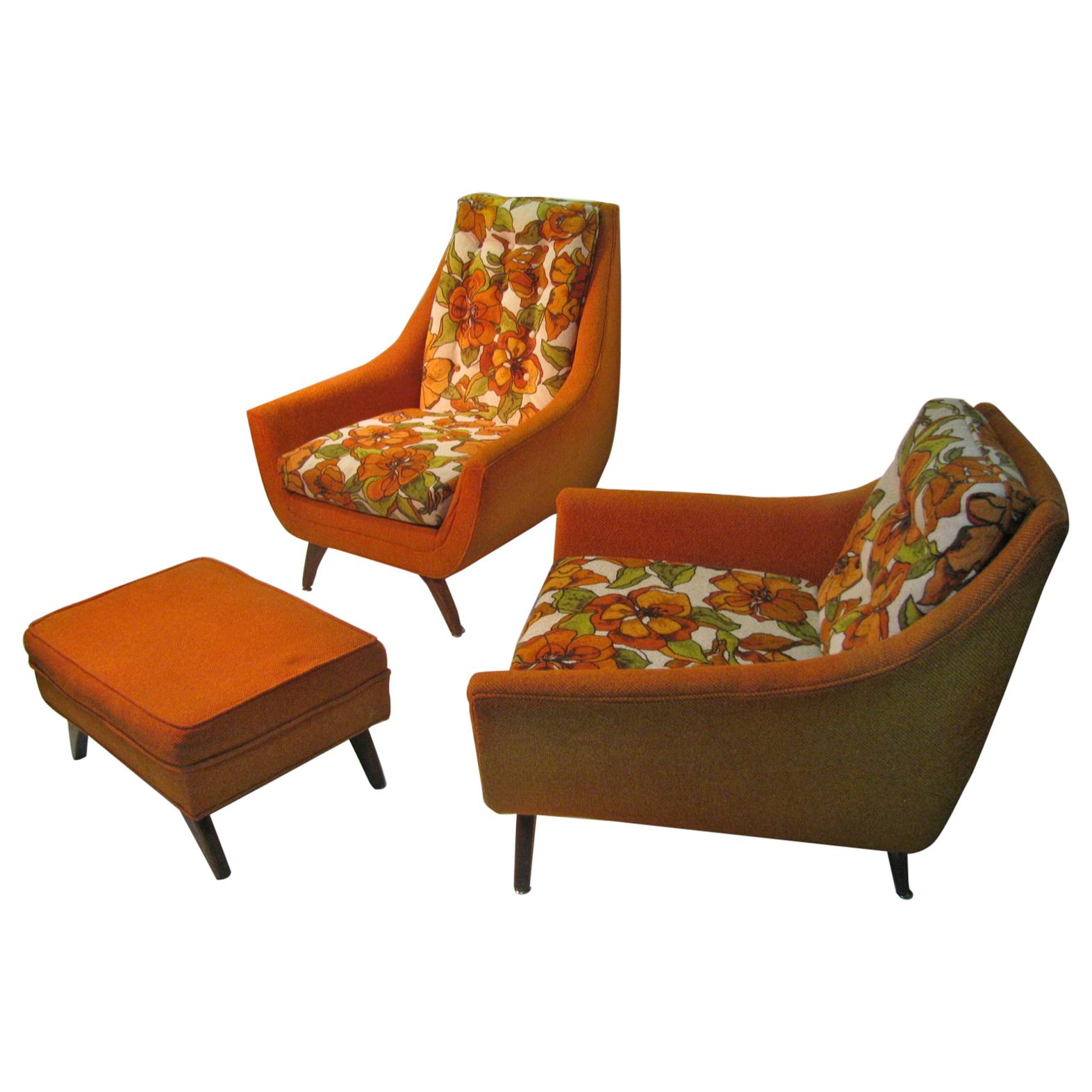 Mid-Century Modern Lounge Chairs with Ottoman Living Room Set