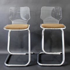 Mid-Century Modern Hollis Jones Hill Pair of Lucite & Chrome Bar Stools, 1970s