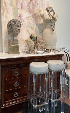 Mid-Century Modern Hollis Jones Lucite and Leather Stools with Metal Footrest