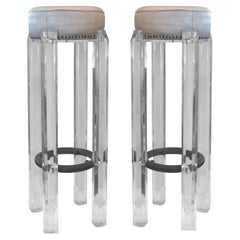 Mid-Century Modern Hollis Jones Lucite and Leather Stools with Metal Footrest