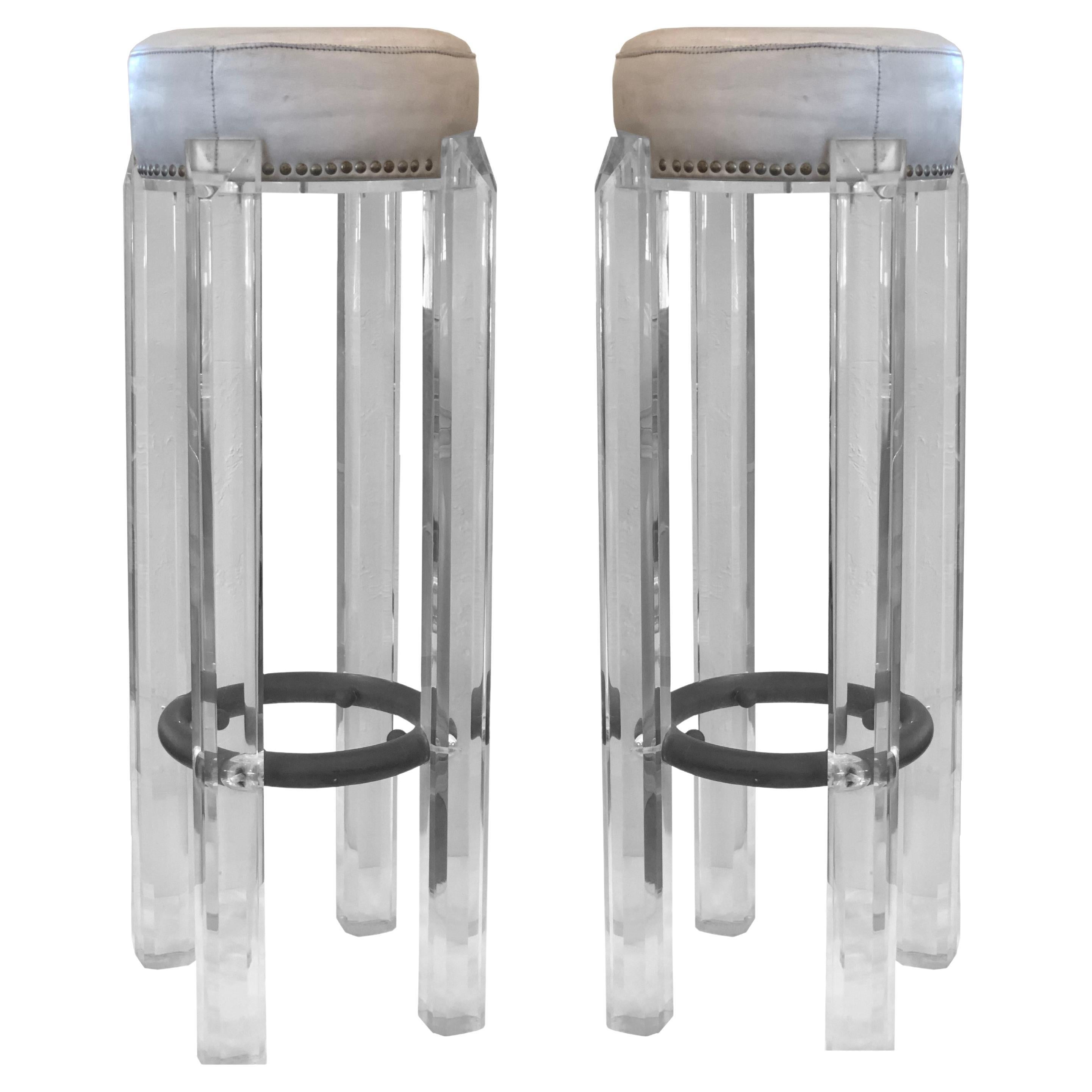 Mid-Century Modern Hollis Jones Lucite and Leather Stools with Metal Footrest