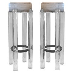 Mid-Century Modern Hollis Jones Lucite and Leather Stools with Metal Footrest