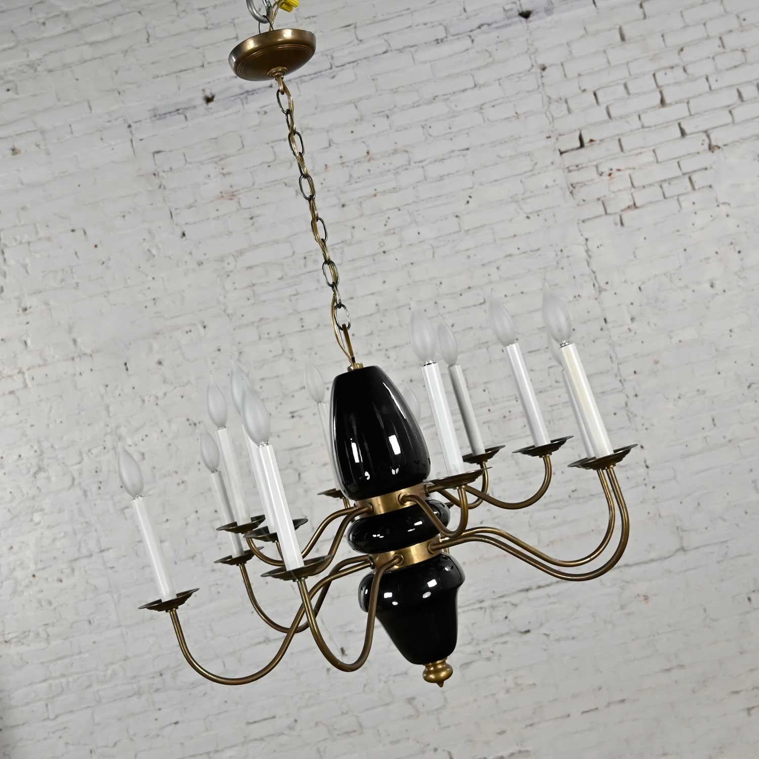 Unknown Mid-Century Modern Hollywood Regency 12 Arm Black Pottery & Brass Chandelier For Sale