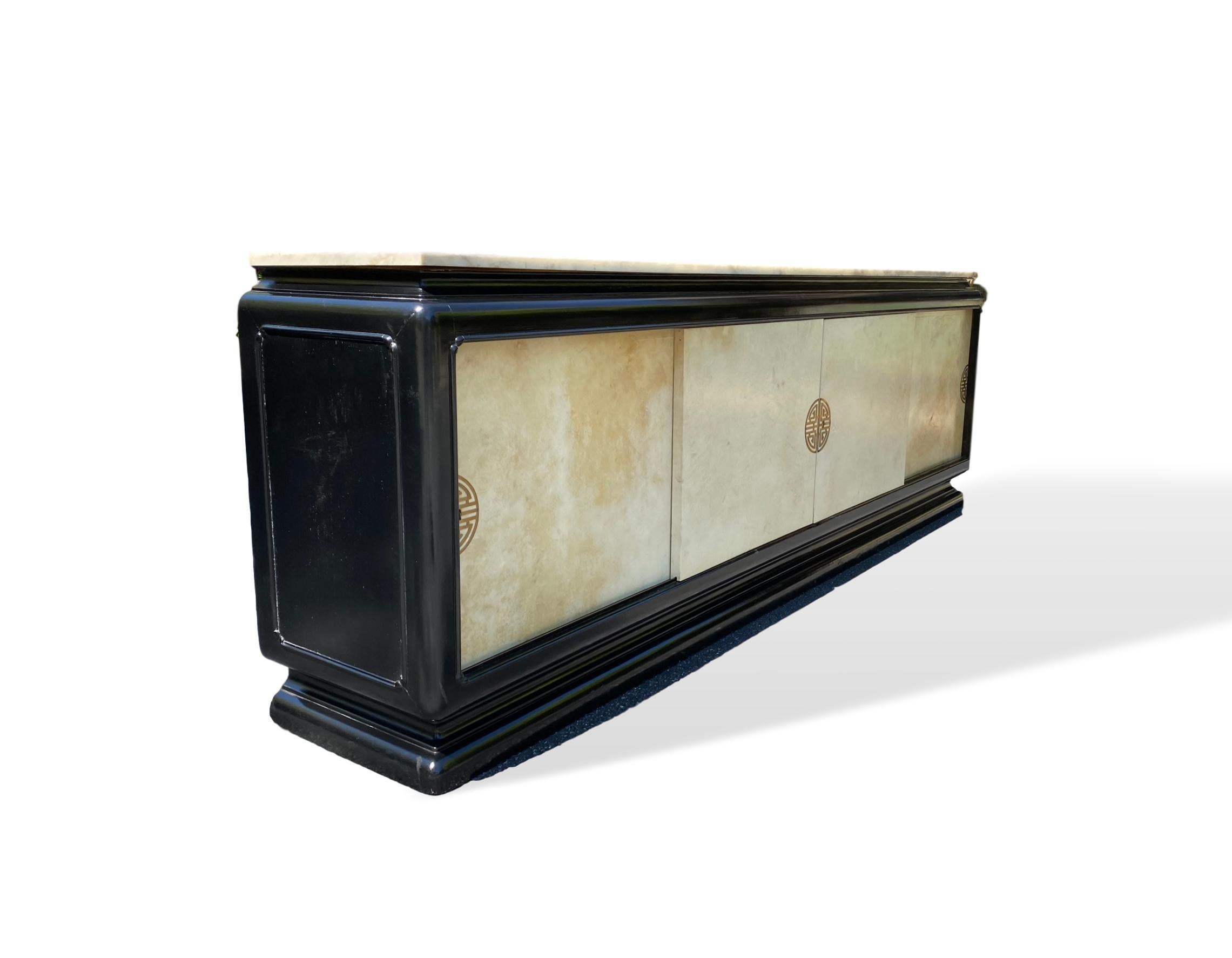 International Style Mid-Century Modern Hollywood Regency Art Deco Black Lacquer Parchment Credenza