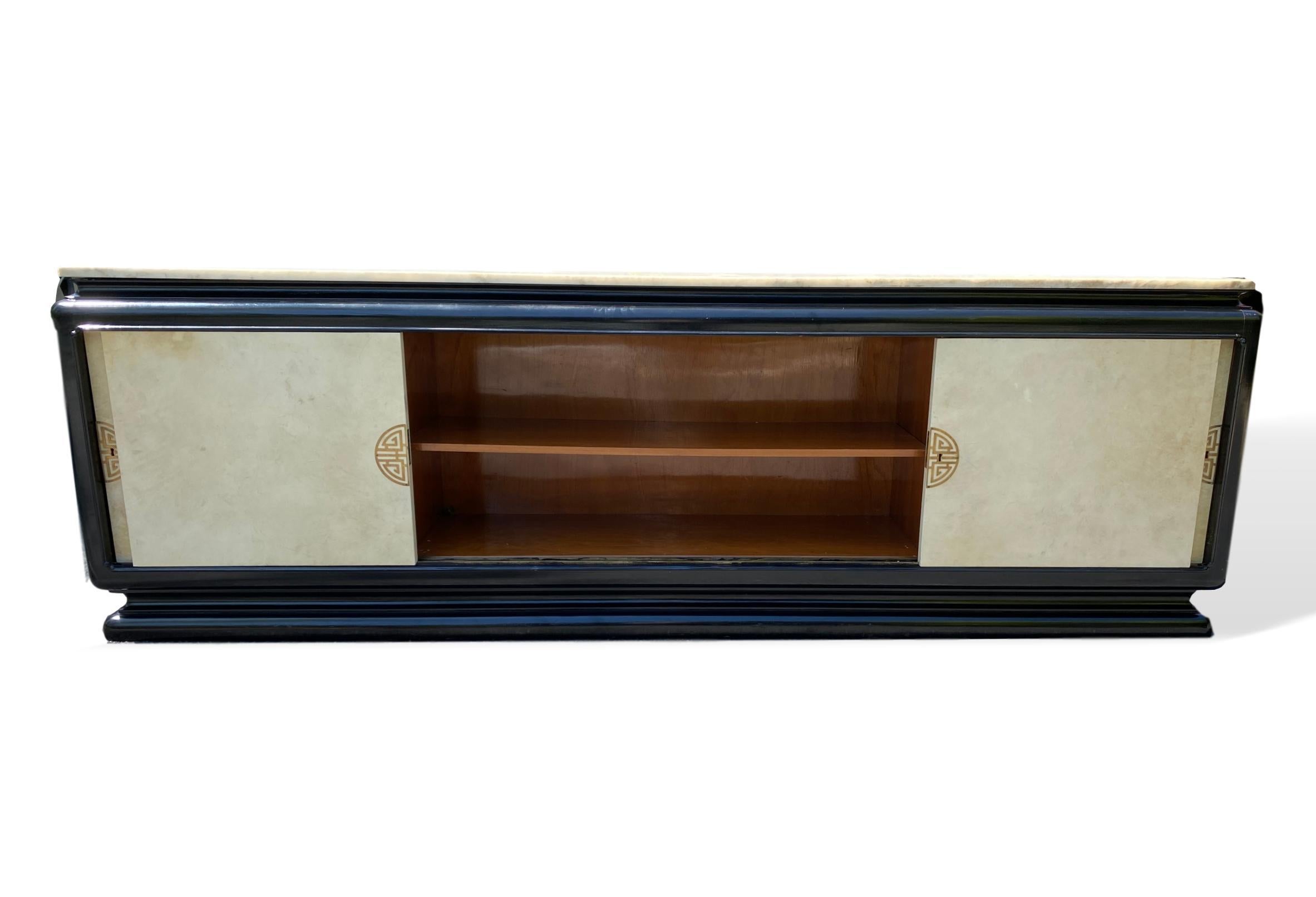 20th Century Mid-Century Modern Hollywood Regency Art Deco Black Lacquer Parchment Credenza