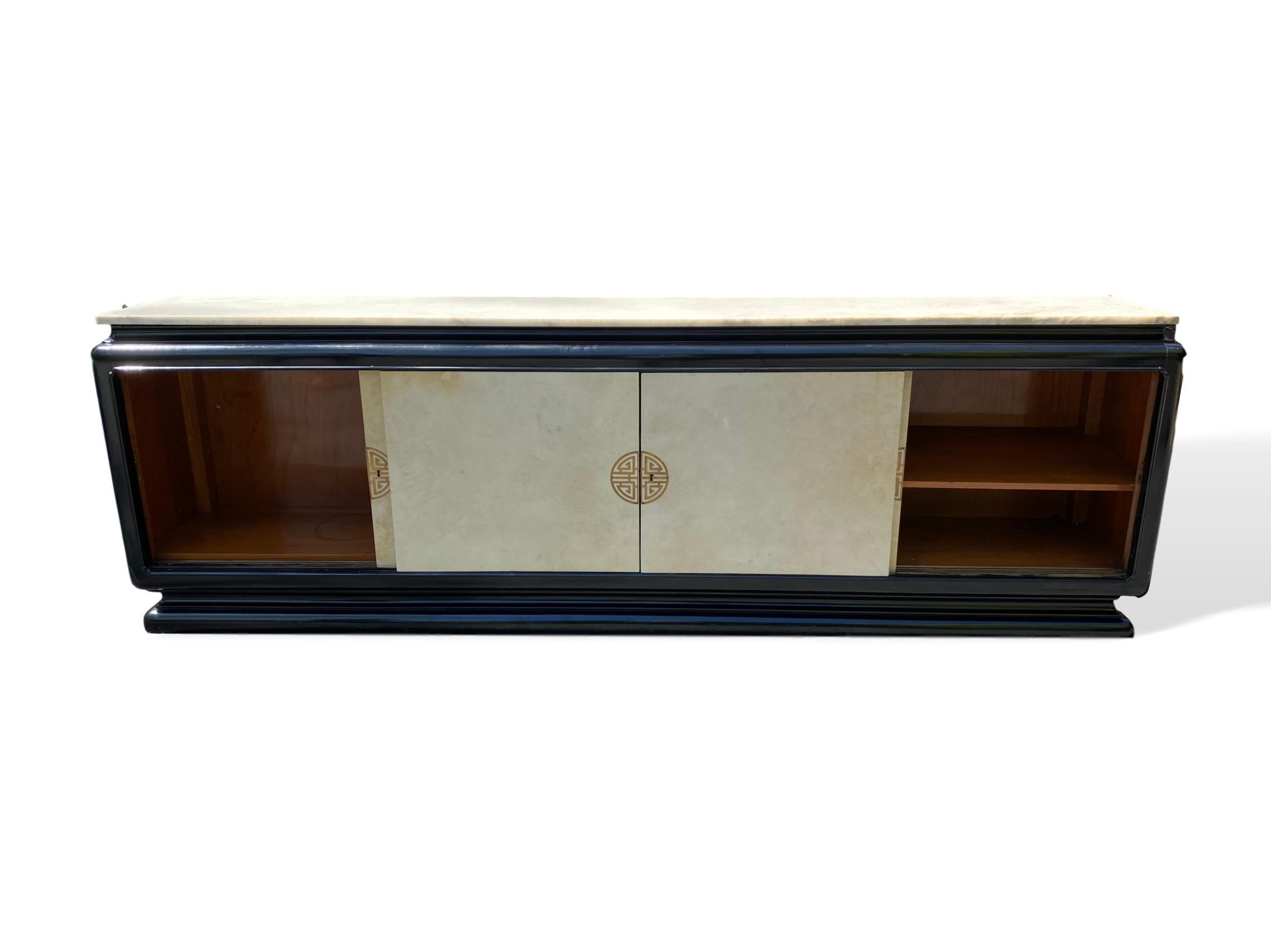 Mid-Century Modern Hollywood Regency Art Deco Black Lacquer Parchment Credenza 1