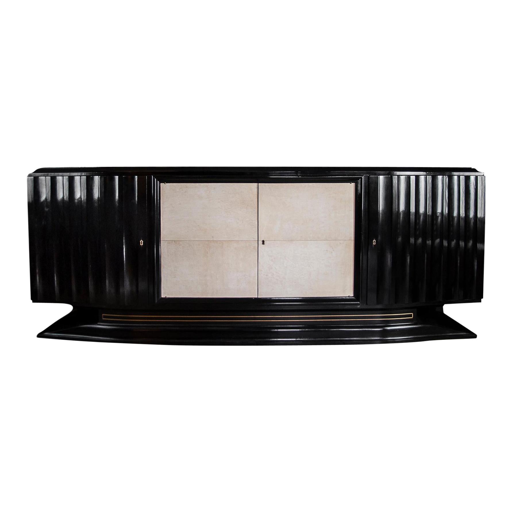 Mid-Century Modern Hollywood Regency Art Deco Black Lacquered Sideboard