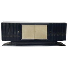 Mid-Century Modern Hollywood Regency Art Deco Black Lacquered Sideboard, French
