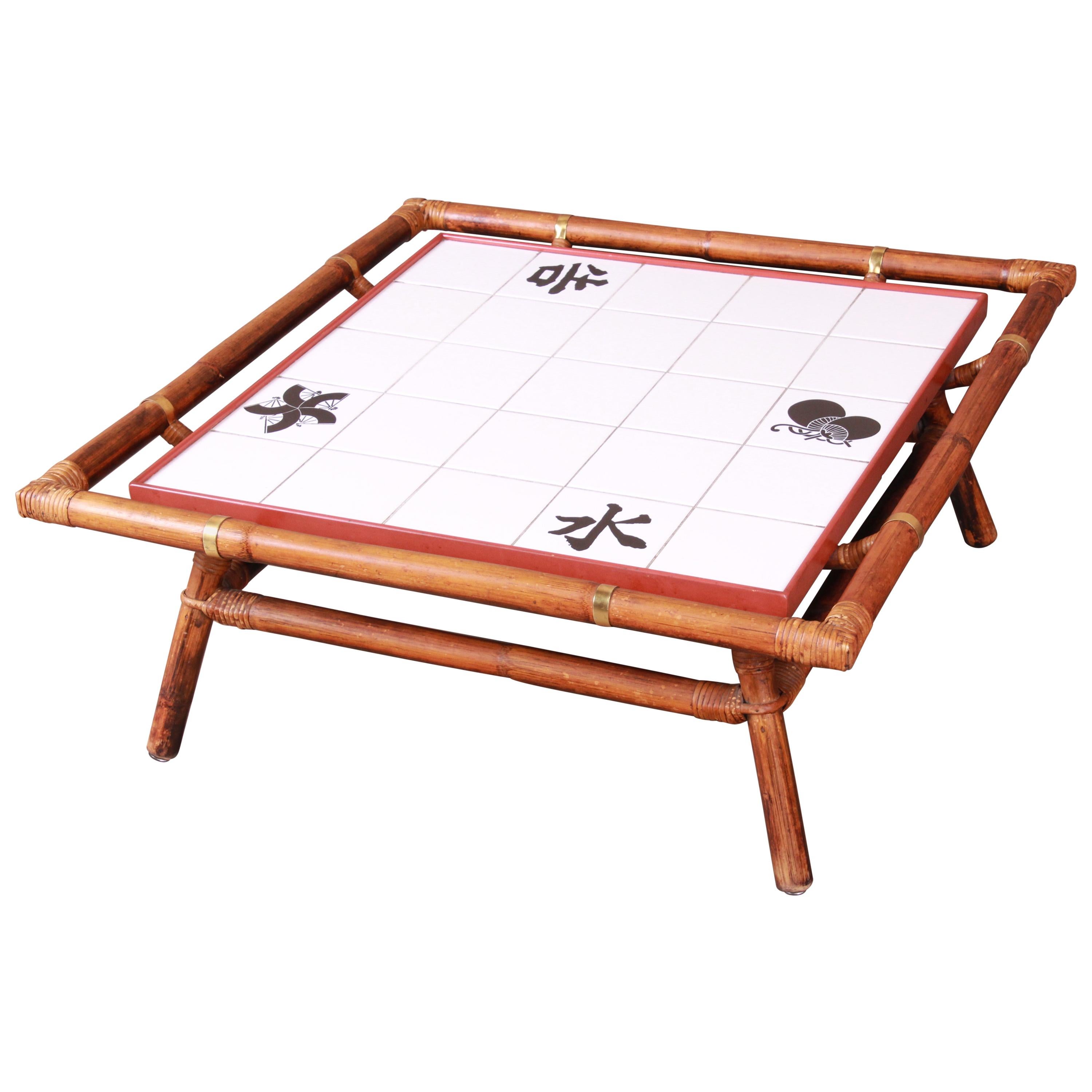 Mid-Century Modern Hollywood Regency Bamboo Rattan Tile Top Cocktail Table