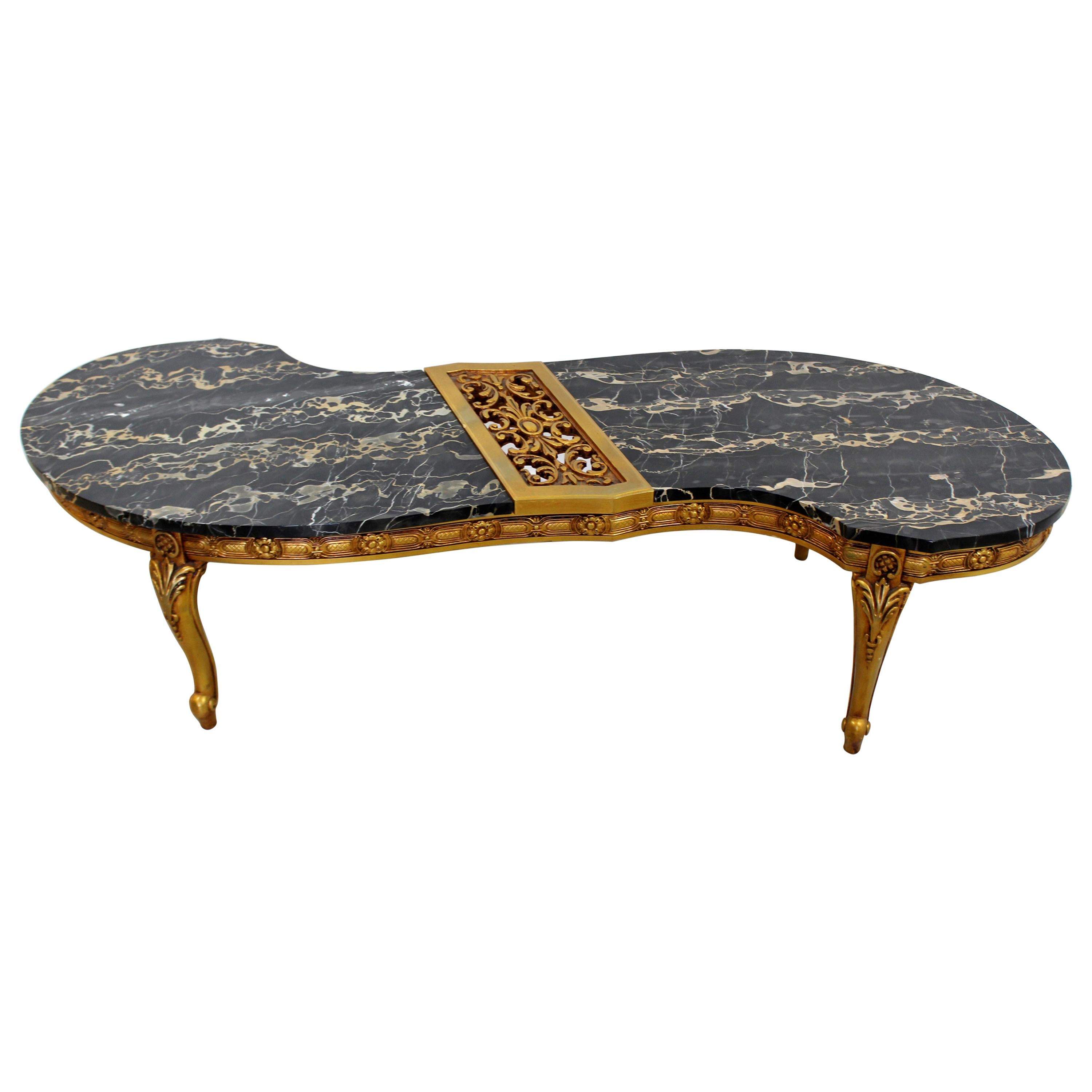 Mid-Century Modern Hollywood Regency Black Marble Gold Gilt Amoeba Coffee Table