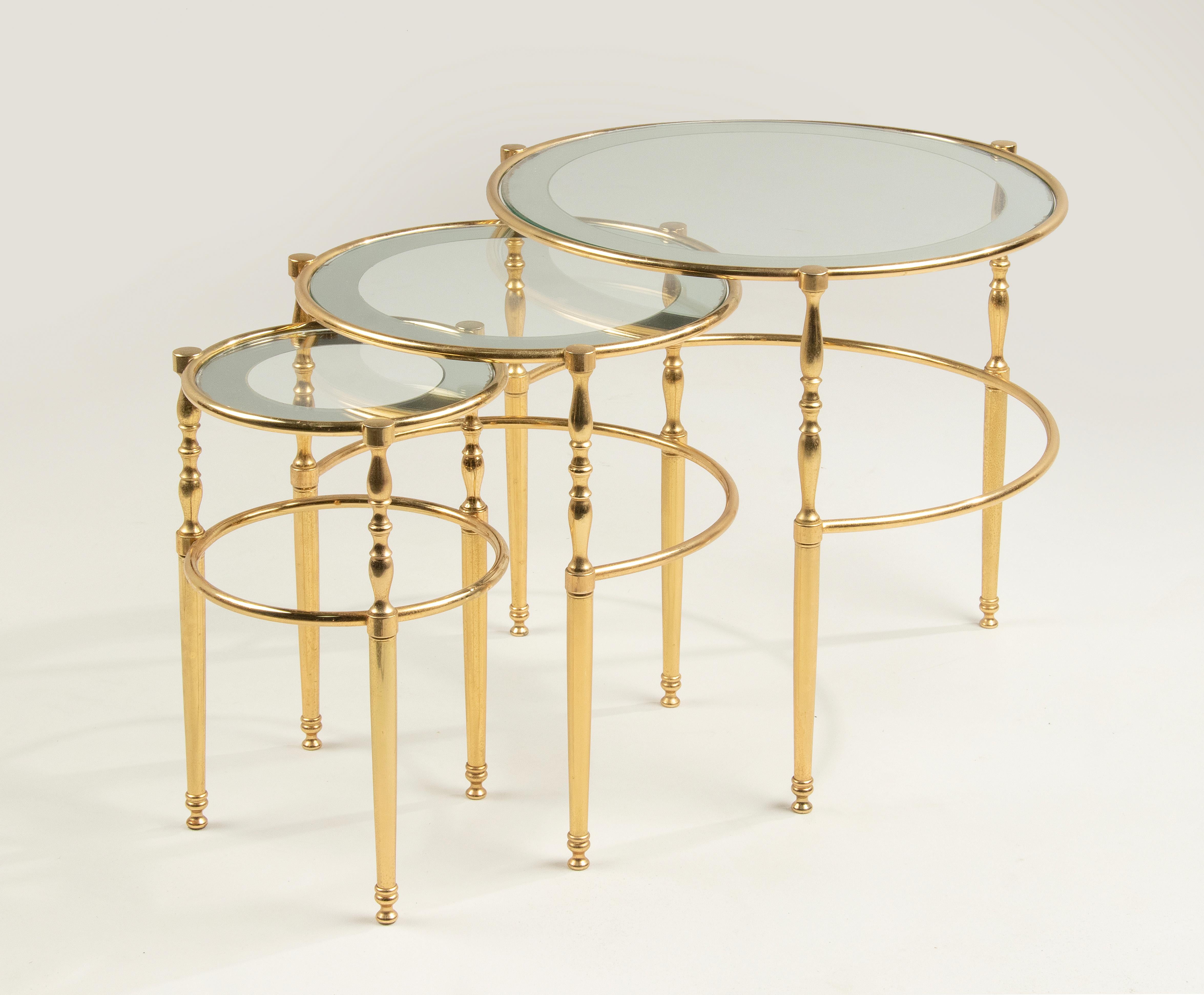 Belgian Mid-Century Modern Hollywood Regency Brass Nest Side Tables For Sale