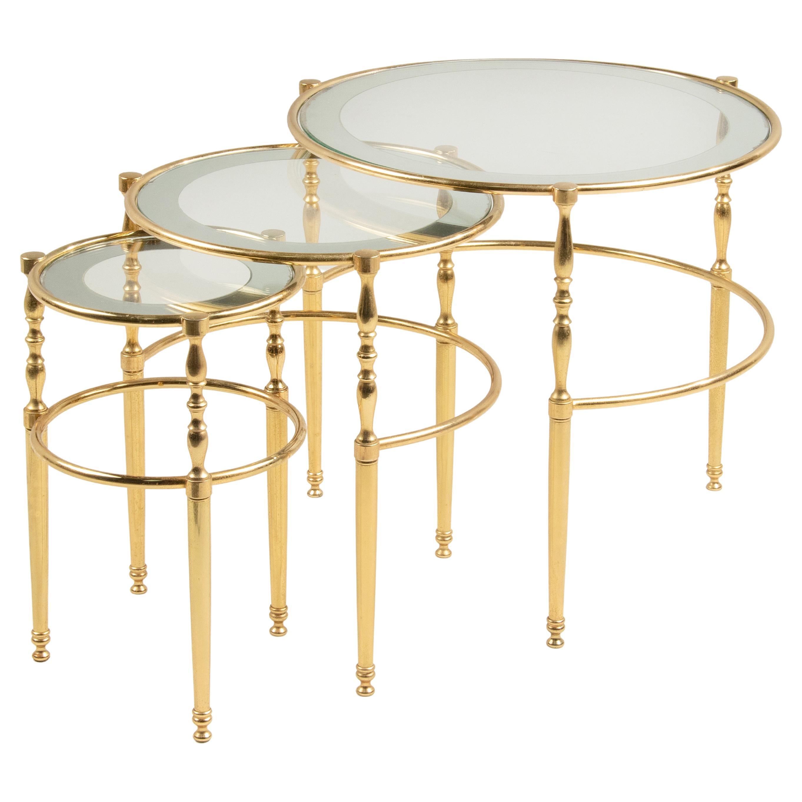 Mid-Century Modern Hollywood Regency Brass Nest Side Tables For Sale