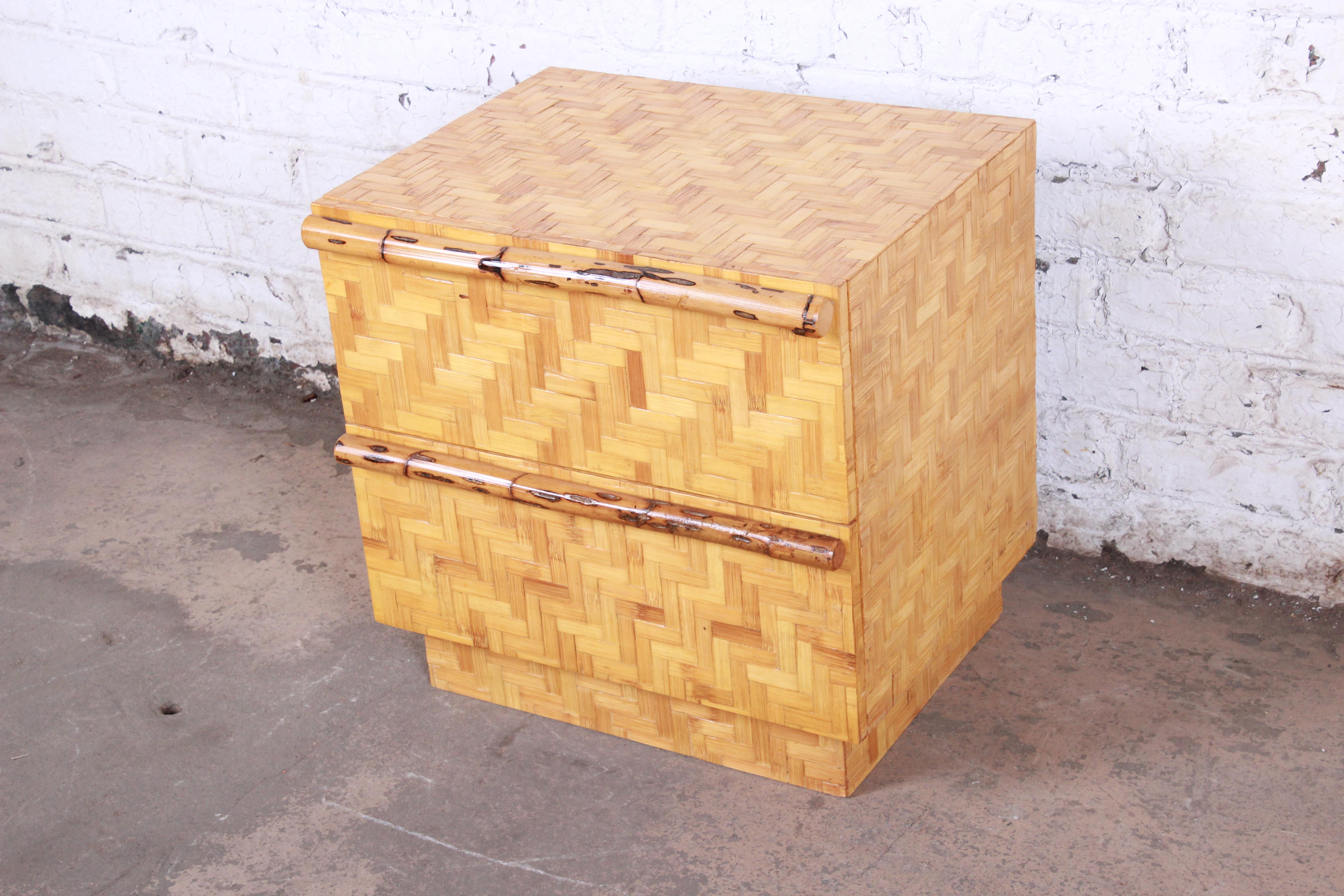 20th Century Mid-Century Modern Hollywood Regency Chinoiserie Bamboo Parquetry Nightstand