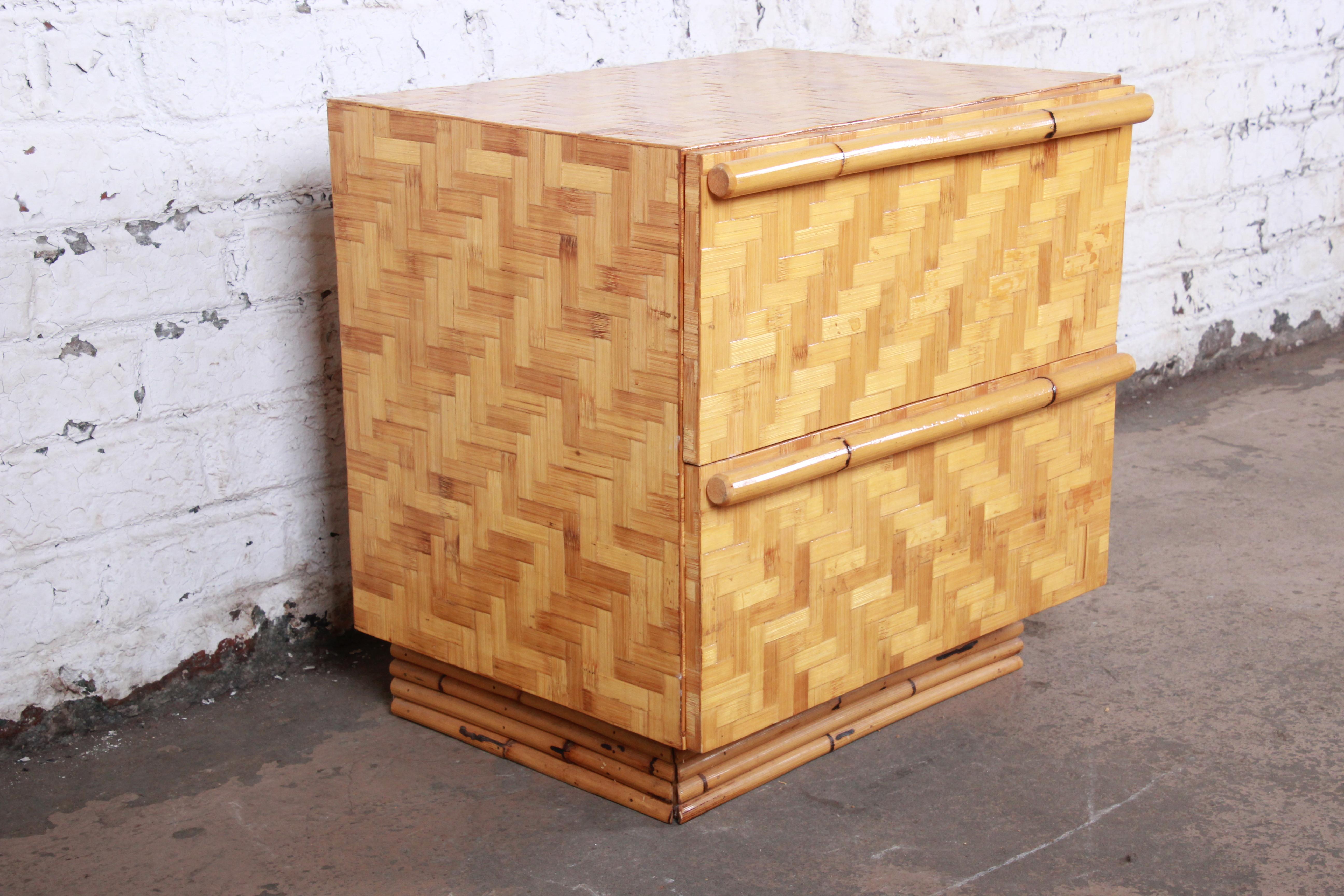 20th Century Mid-Century Modern Hollywood Regency Chinoiserie Bamboo Parquetry Nightstand