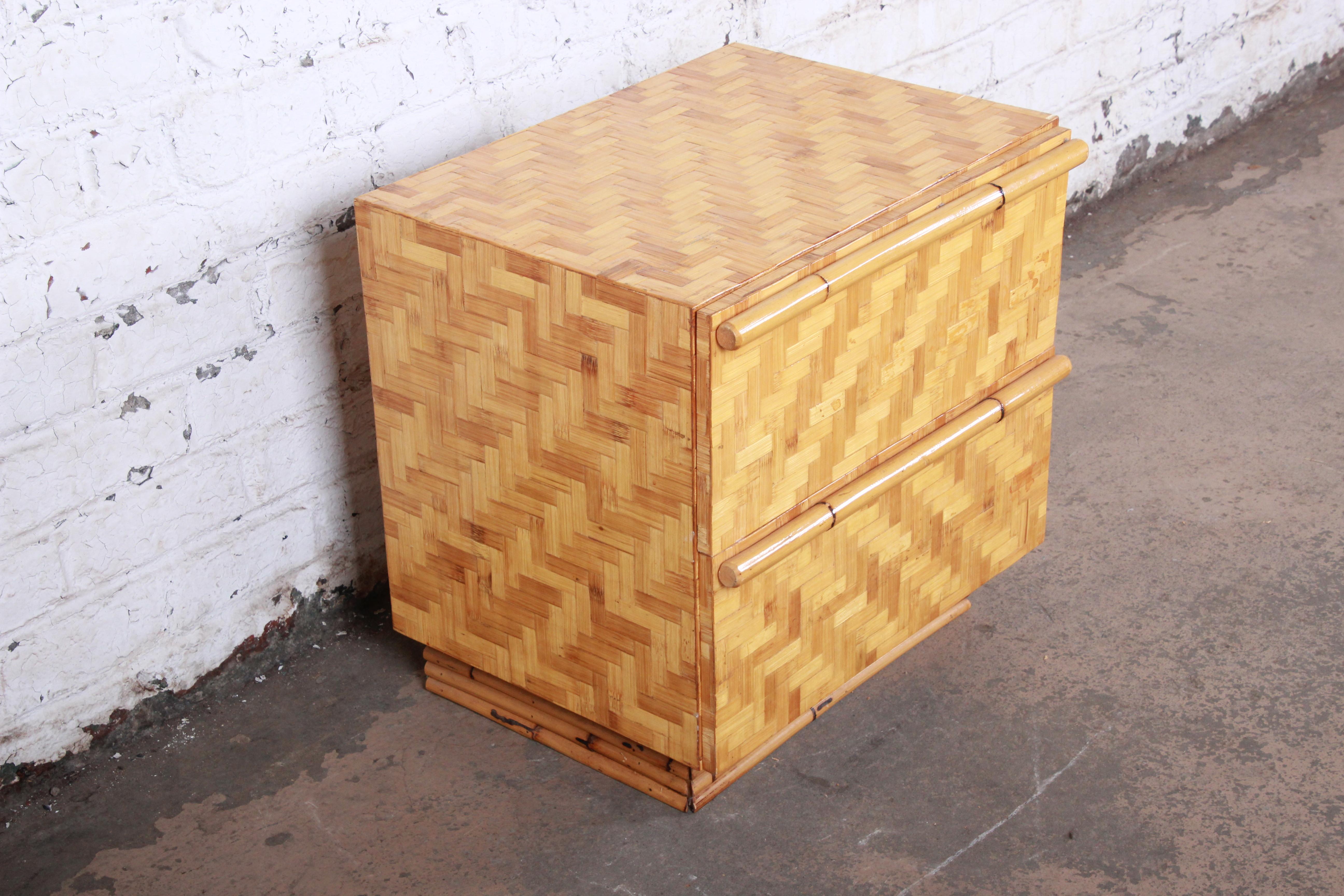 Mid-Century Modern Hollywood Regency Chinoiserie Bamboo Parquetry Nightstand 1