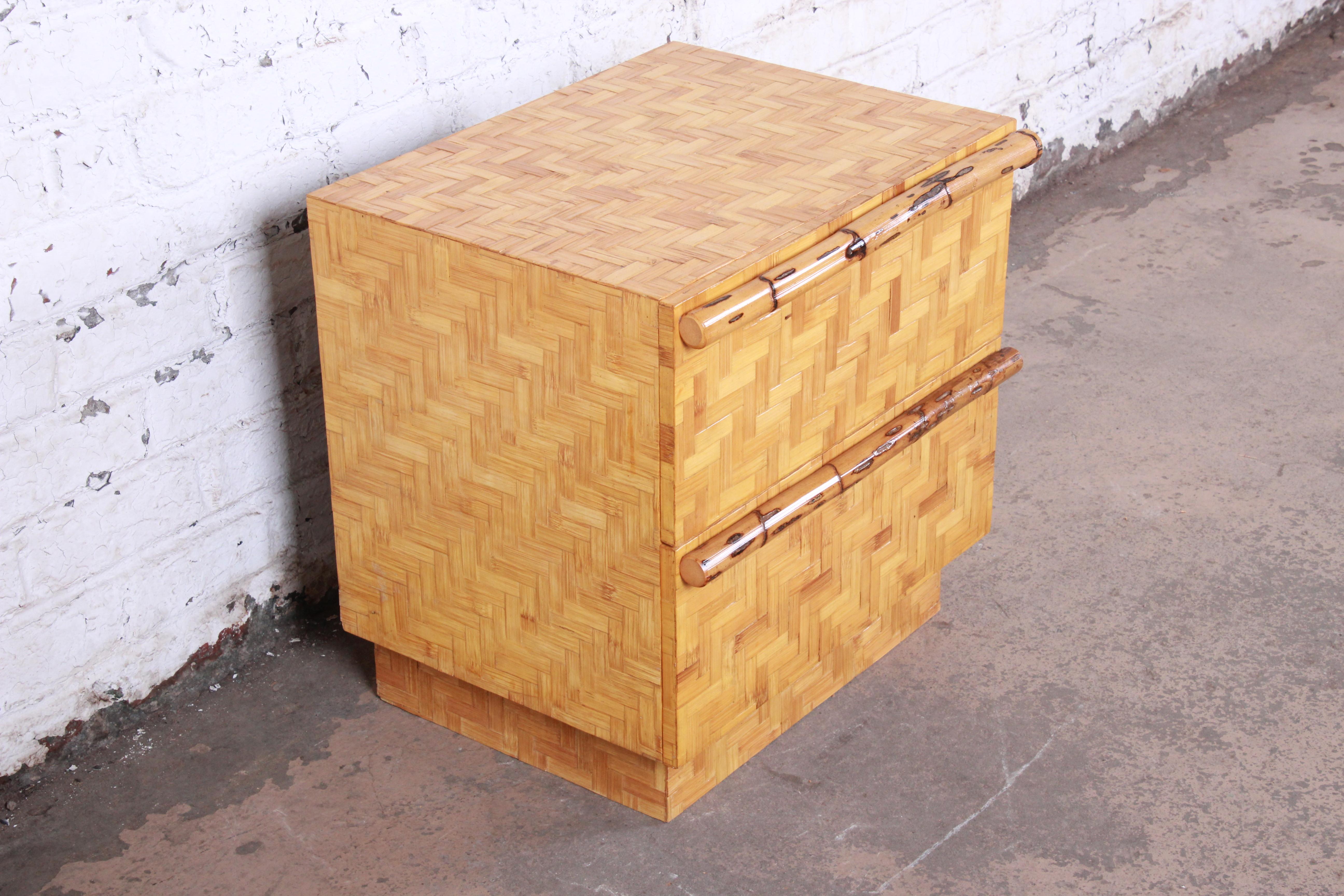 Mid-Century Modern Hollywood Regency Chinoiserie Bamboo Parquetry Nightstand 2