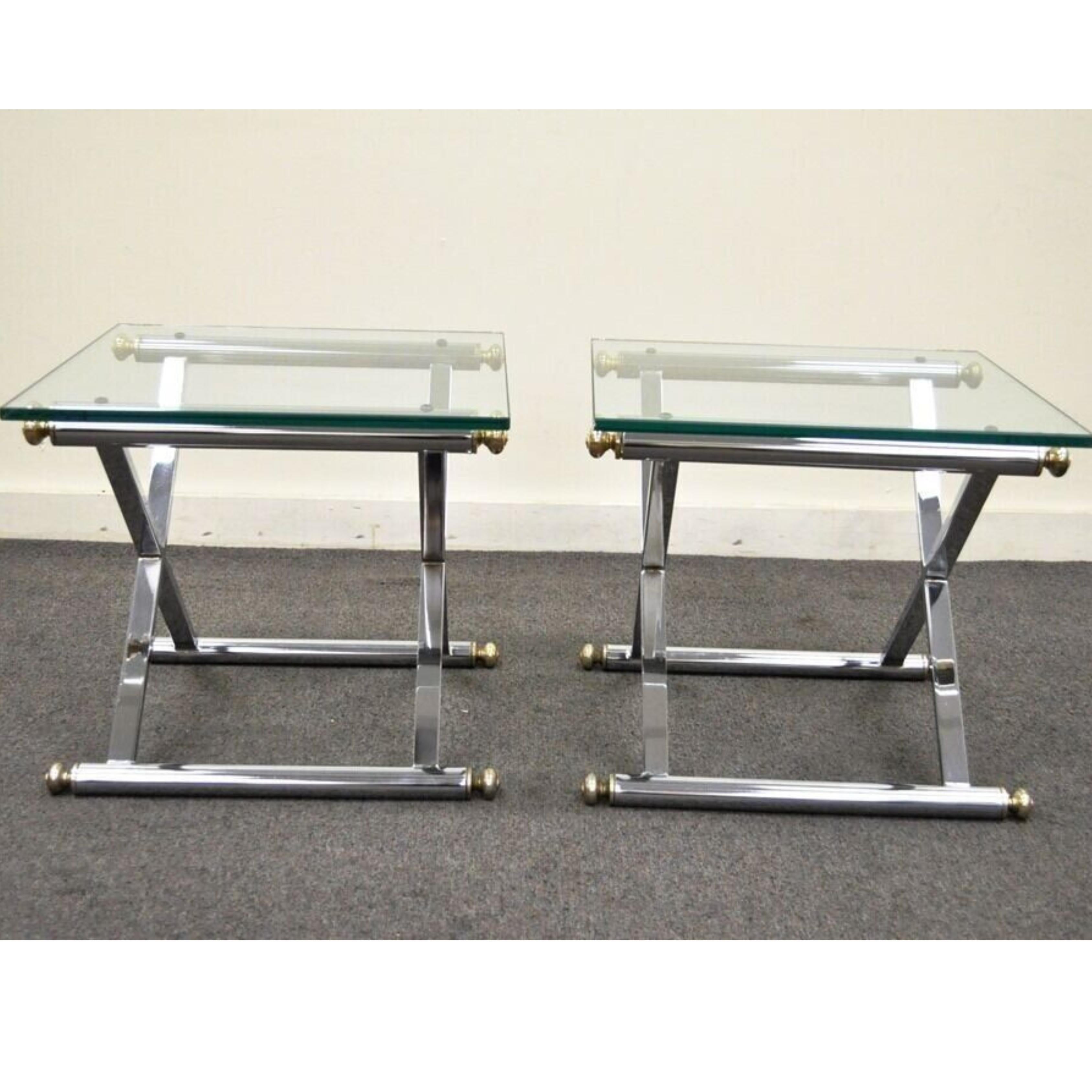 Mid Century Modern Hollywood Regency Chrome Brass Glass X Form Side Table - Pair For Sale 5