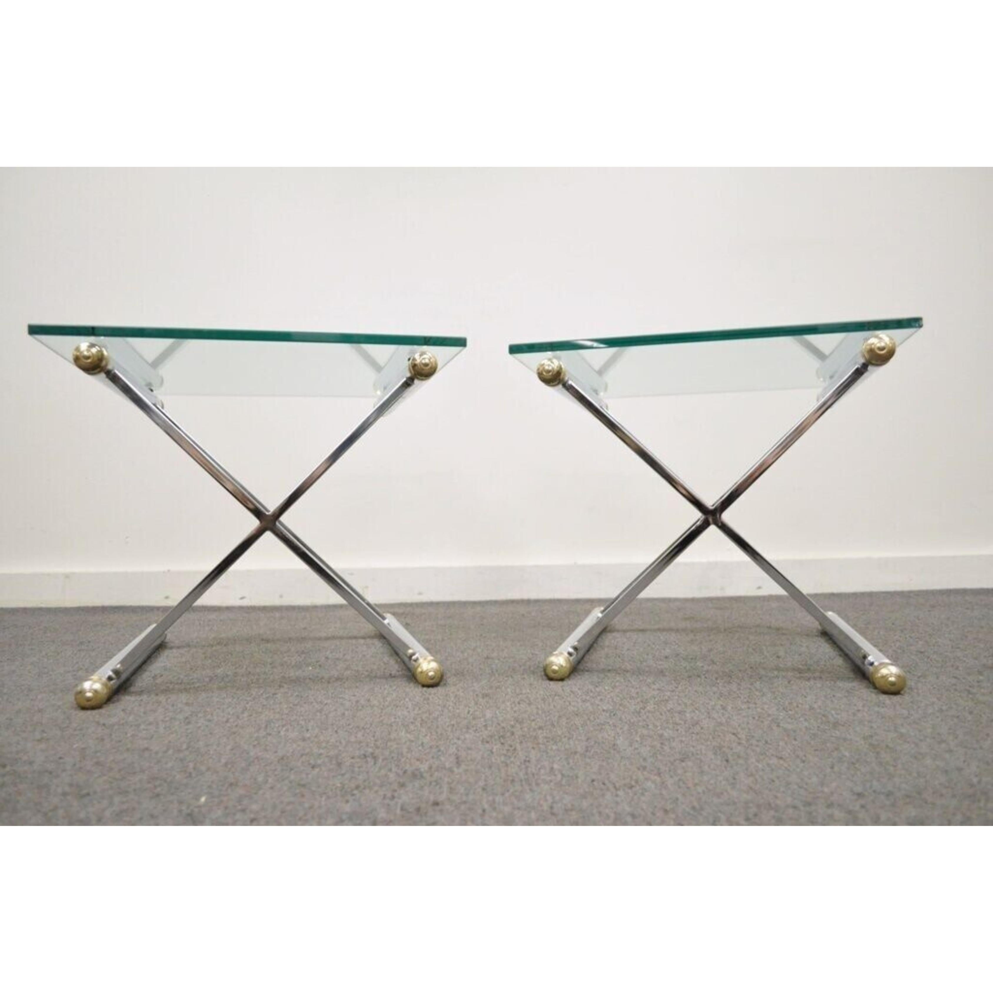 Mid Century Modern Hollywood Regency Chrome Brass Glass X Form Side Table - Pair In Good Condition For Sale In Philadelphia, PA