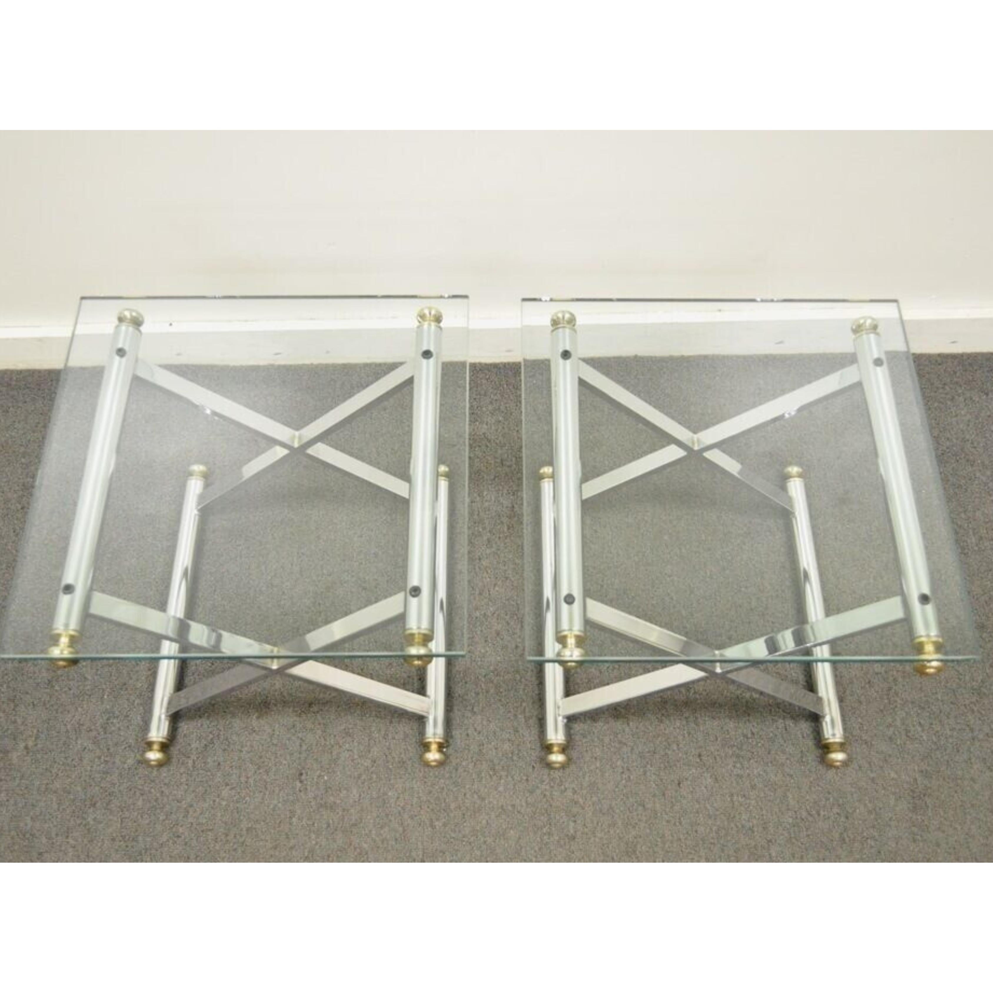 20th Century Mid Century Modern Hollywood Regency Chrome Brass Glass X Form Side Table - Pair For Sale