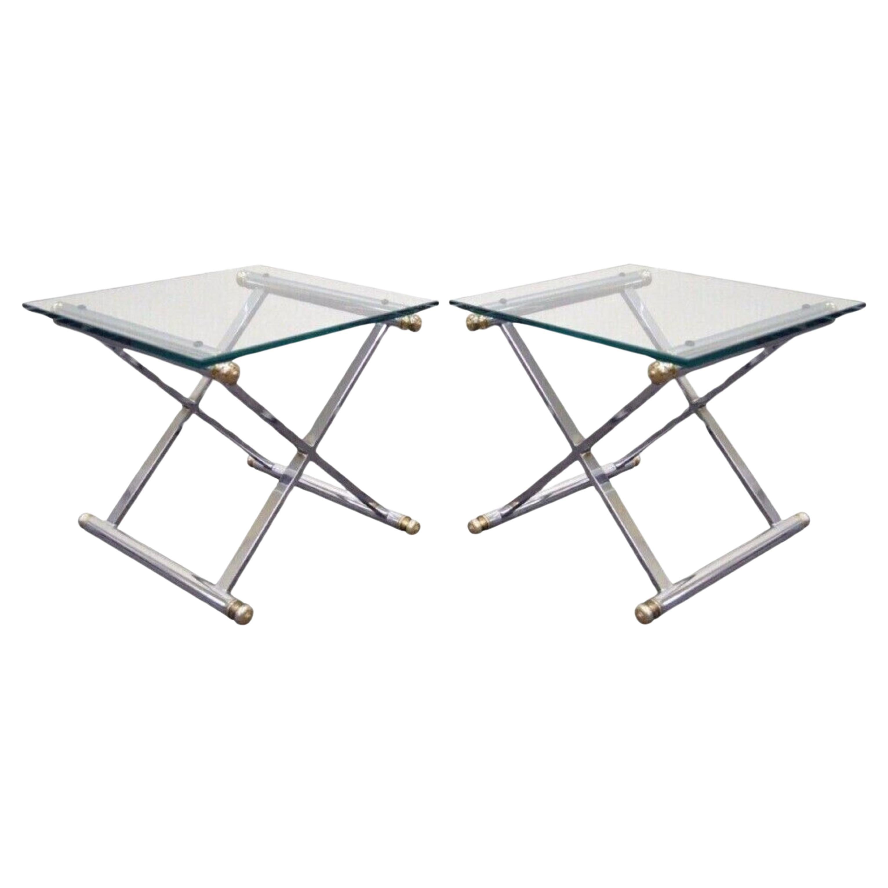 Mid Century Modern Hollywood Regency Chrome Brass Glass X Form Side Table - Pair For Sale