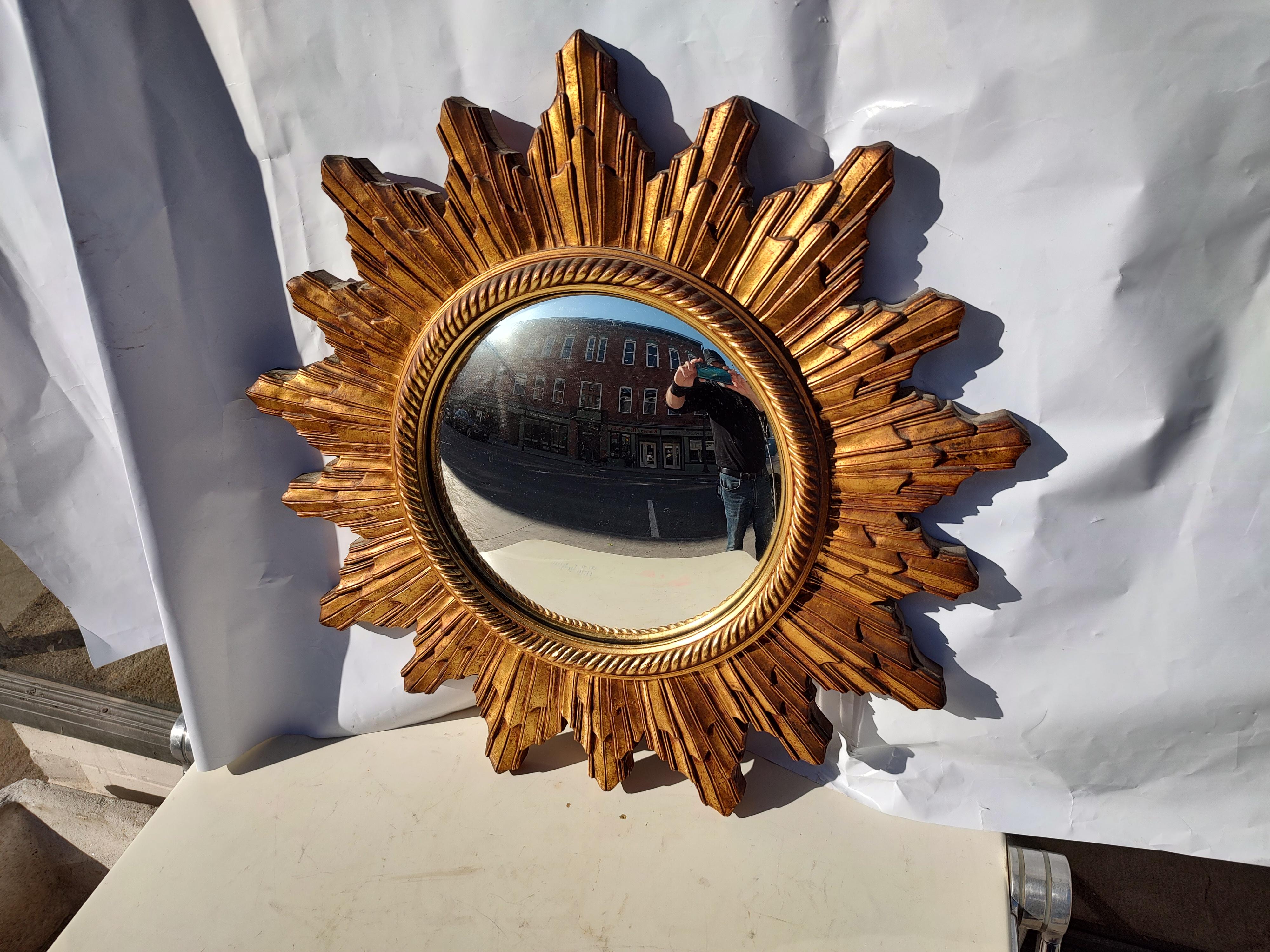 Mid-Century Modern Carved Wood Hollywood Regency Convex Sunburst Mirror C1965 For Sale 2