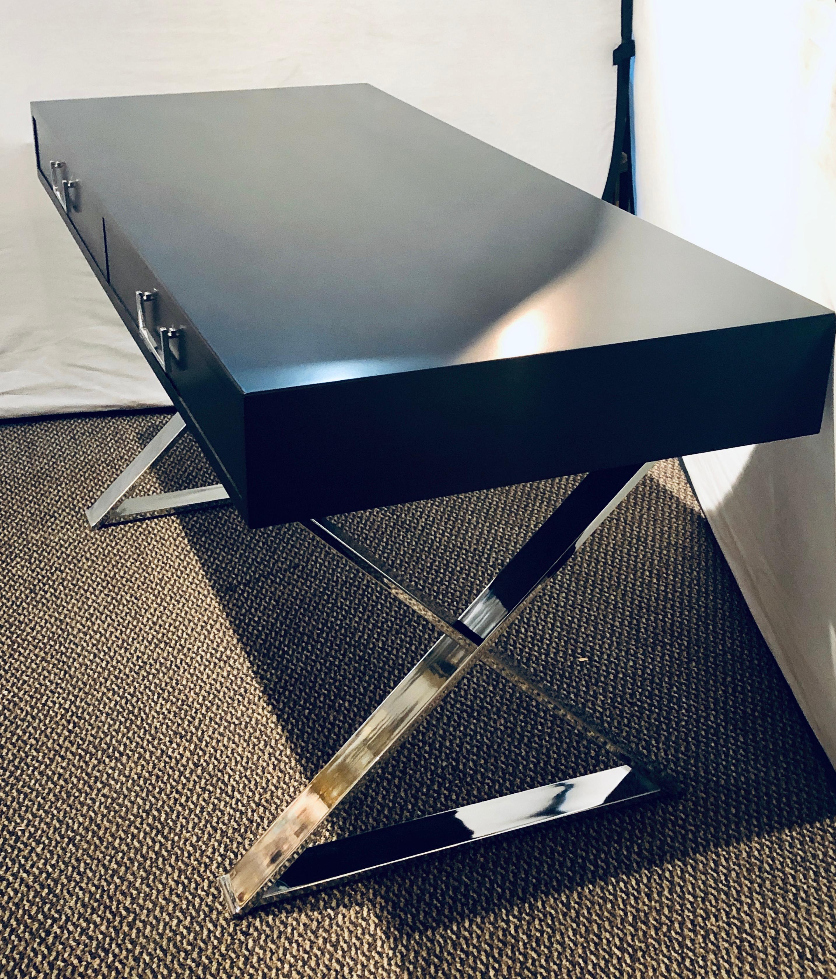 Mid-Century Modern Hollywood Regency Ebony Desk with Chrome Base In Good Condition In Stamford, CT