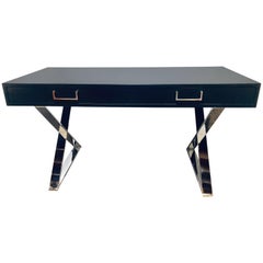 Mid-Century Modern Hollywood Regency Ebony Desk with Chrome Base