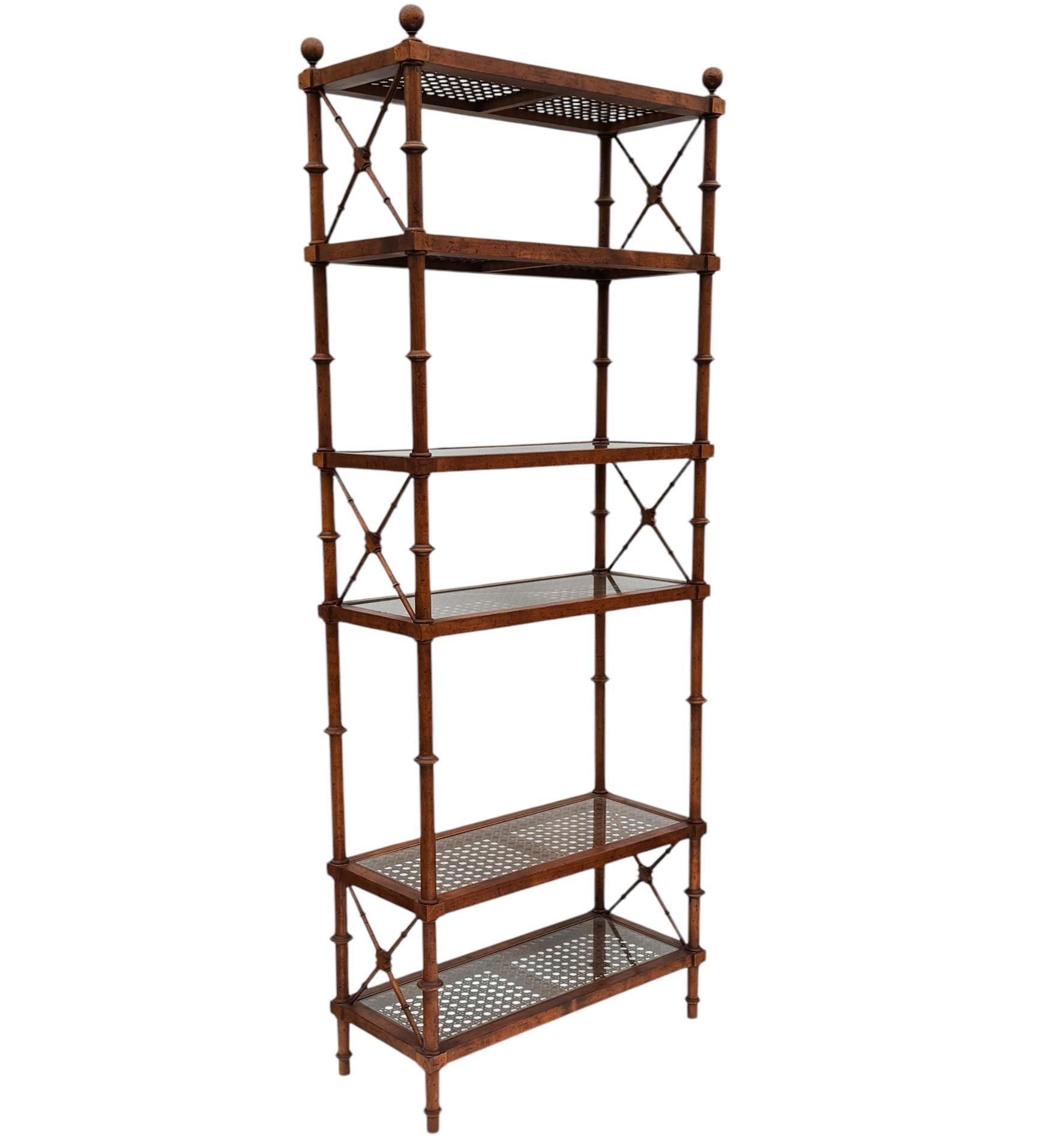 Wood Mid-Century Modern Hollywood Regency Faux Bamboo & Cane Étagère or Wall Unit