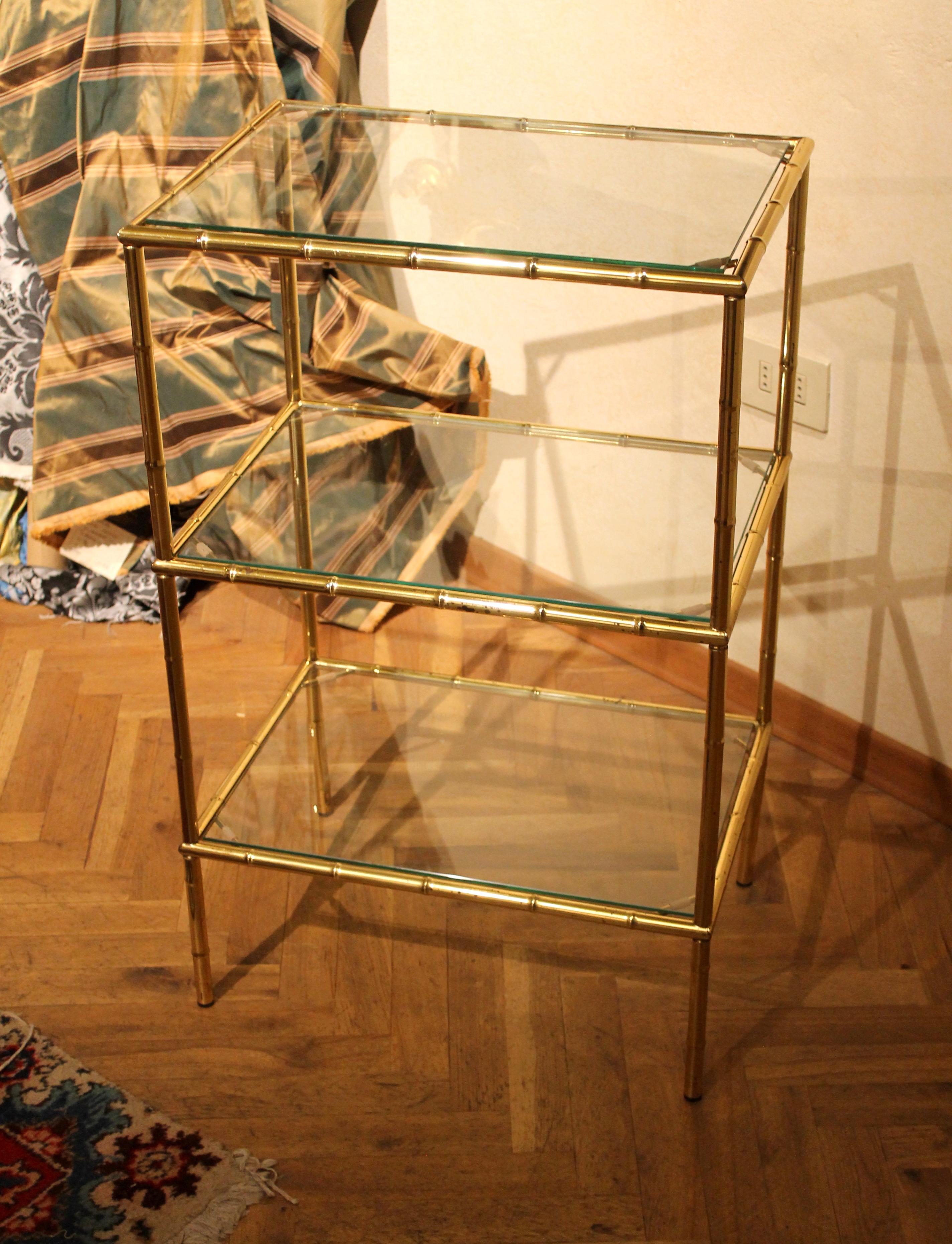Mid-Century Modern Hollywood Regency Faux Bamboo Gold Metal Three-Tiered Table 2