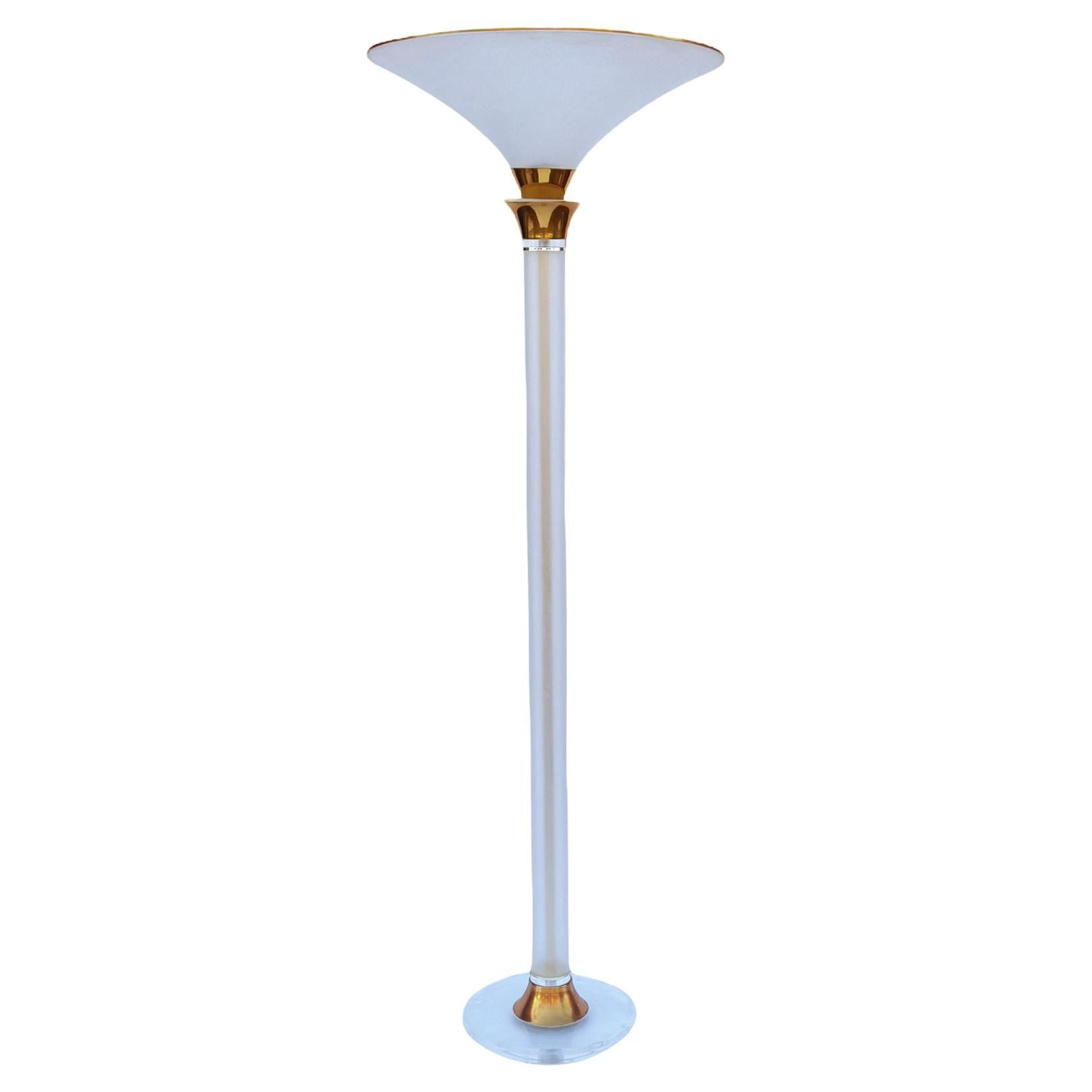 Mid-Century Modern Hollywood Regency Lucite and Brass Tall Torchiere Floor Lamp