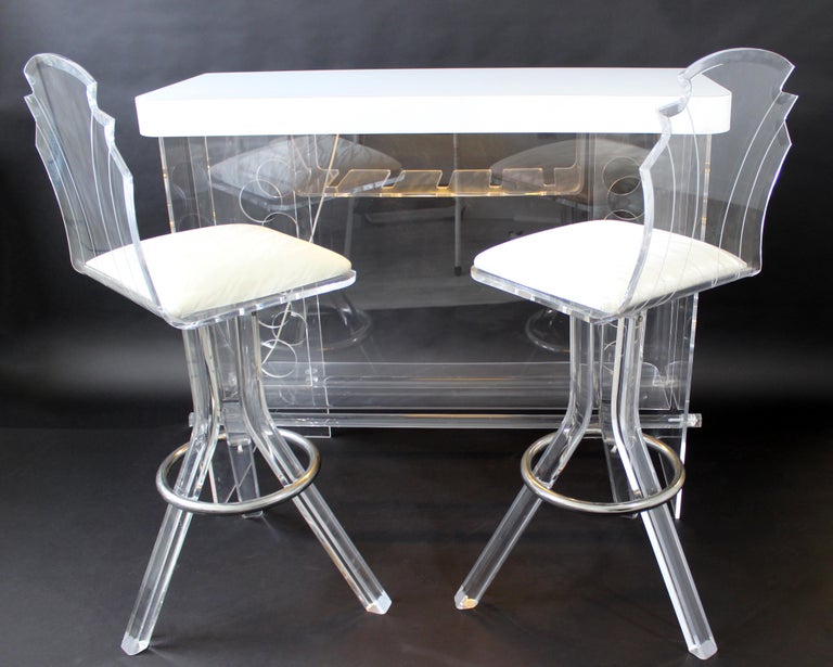 MidCentury Modern Hollywood Regency Pair of Lucite Bar Stools Light Up