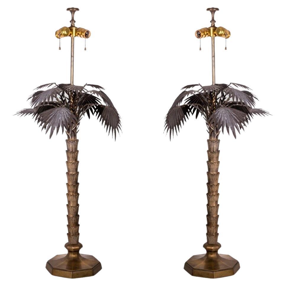Mid Century Modern Hollywood Regency Pair of Bronze Palm Tree Table Lamps
