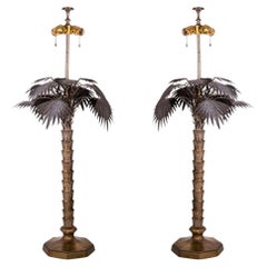 Mid Century Modern Hollywood Regency Pair of Bronze Palm Tree Table Lamps