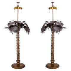 Mid Century Modern Hollywood Regency Pair of Bronze Palm Tree Table Lamps