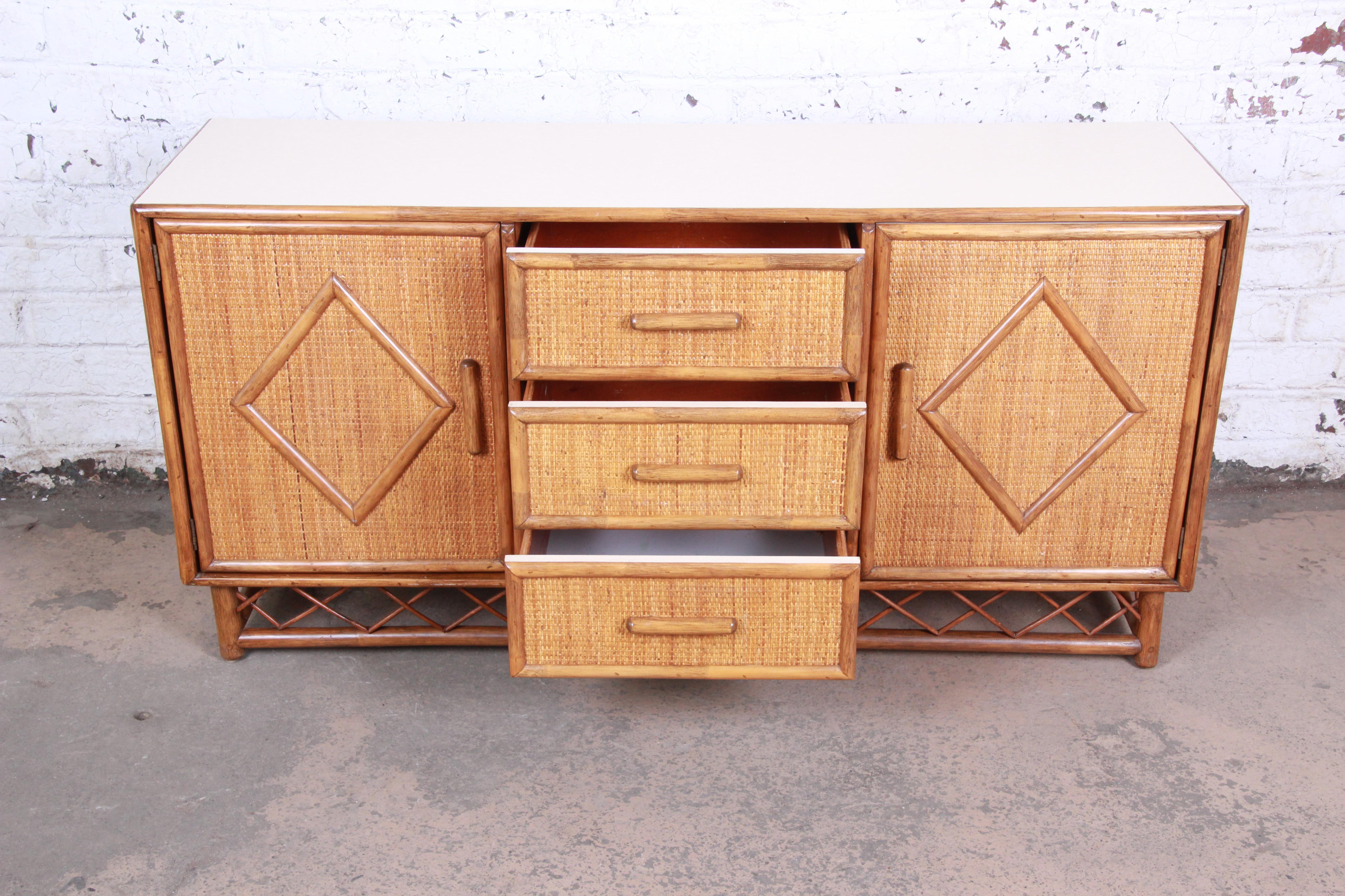 American Mid-Century Modern Hollywood Regency Rattan and Bamboo Sideboard Credenza