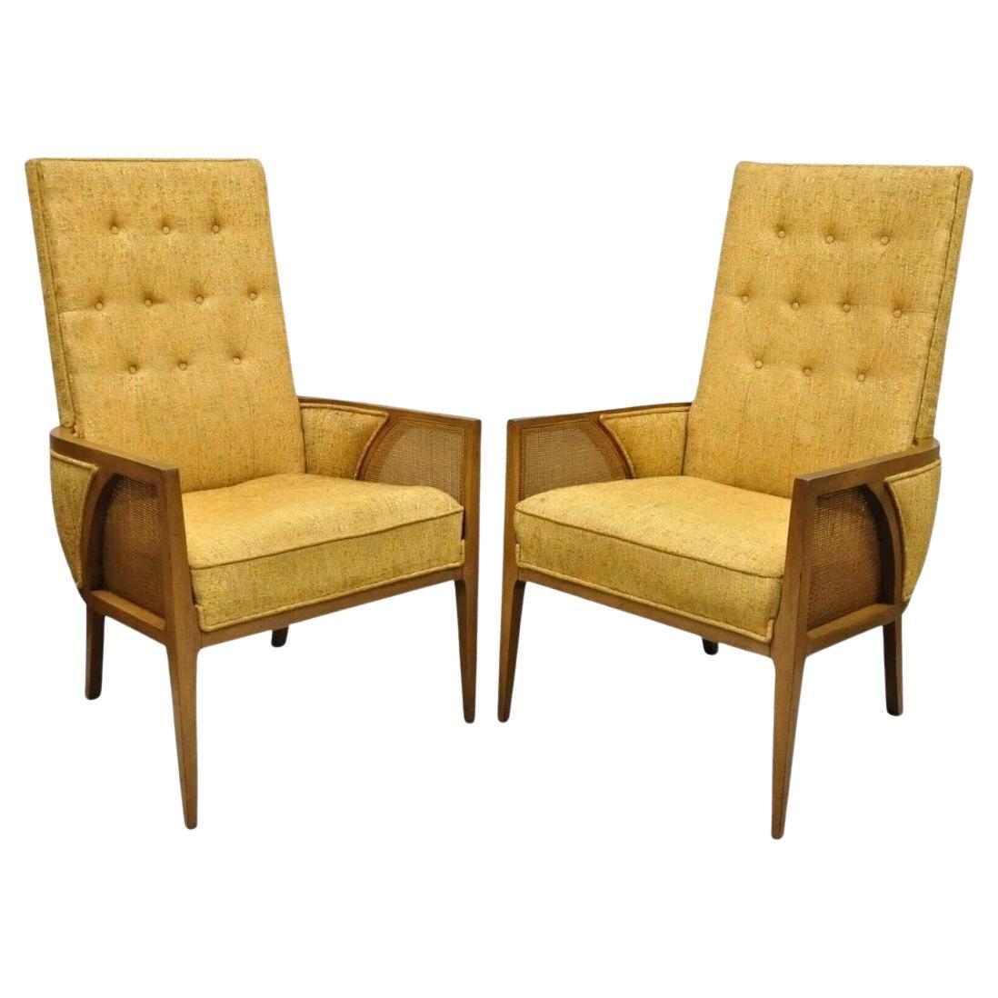 Mid Century Modern Hollywood Regency Sculpted Wood 
Cane Lounge Chairs - Pair For Sale