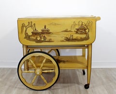 Mid-Century Modern Hollywood Regency Yellow Lacquered Bar Tea Cart Chinoiserie
