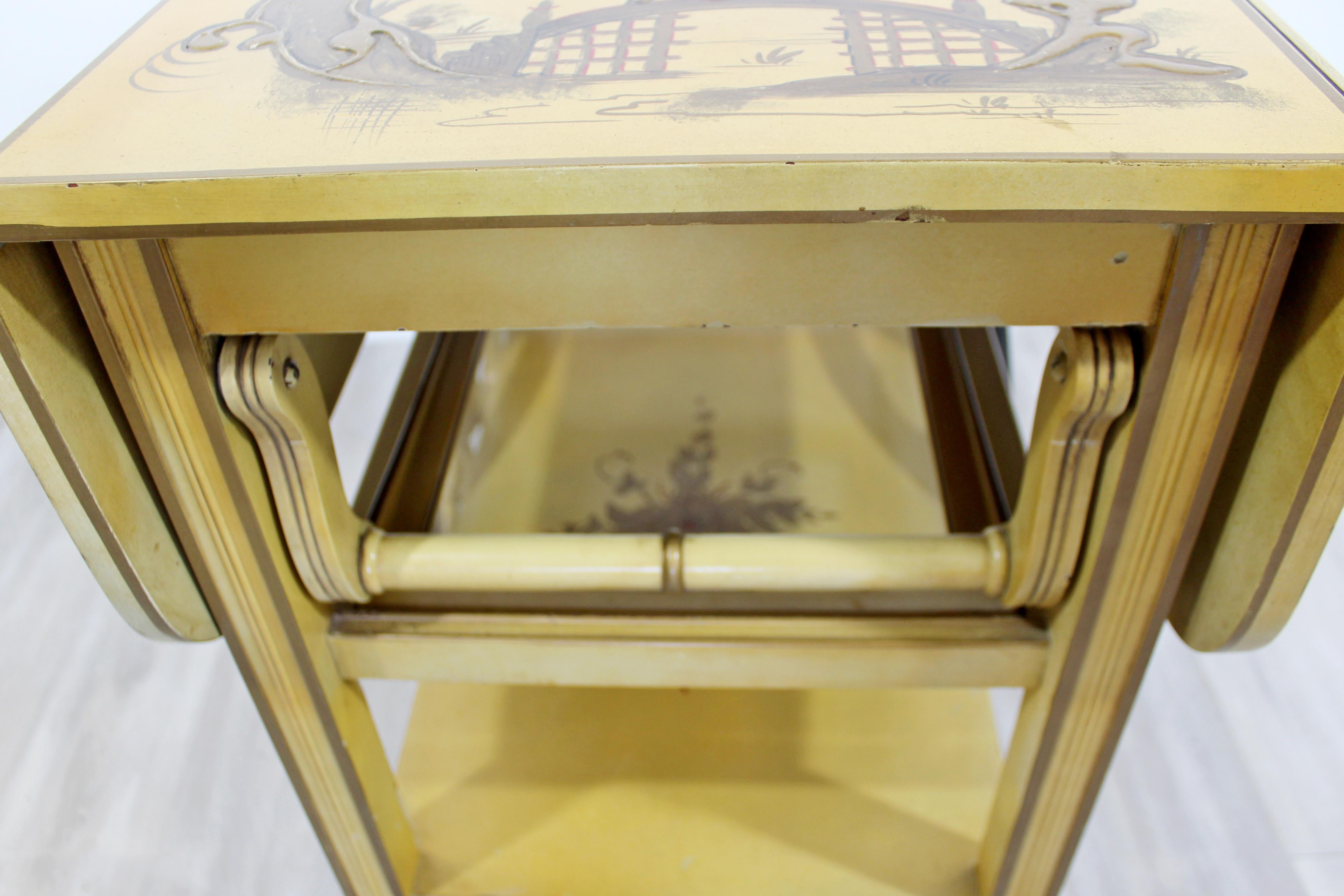 Mid-Century Modern Hollywood Regency Yellow Lacquered Bar Tea Cart Chinoiserie In Good Condition In Keego Harbor, MI